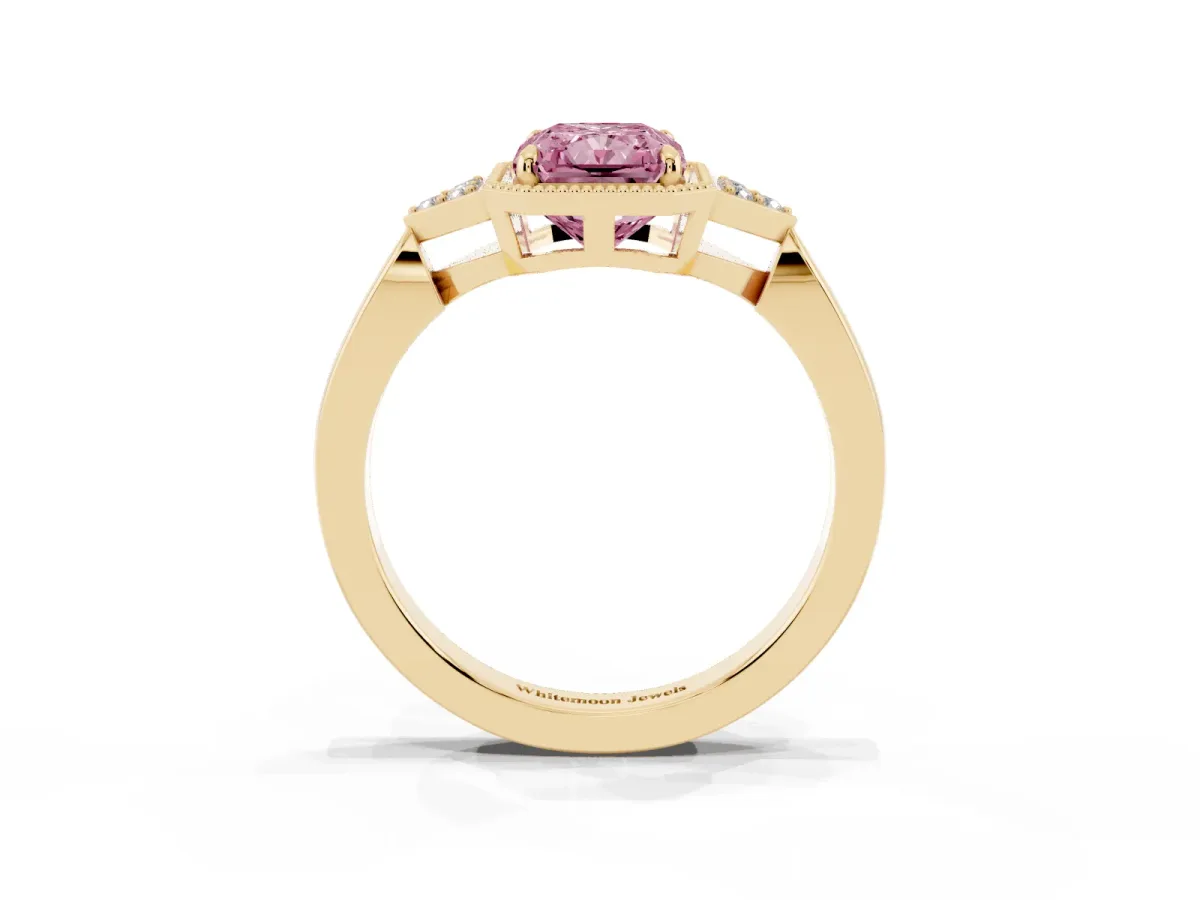 Fancy Pink Radiant Cut Diamond Halo Ring with Tapered Band and Four-Prong Setting Yellow gold