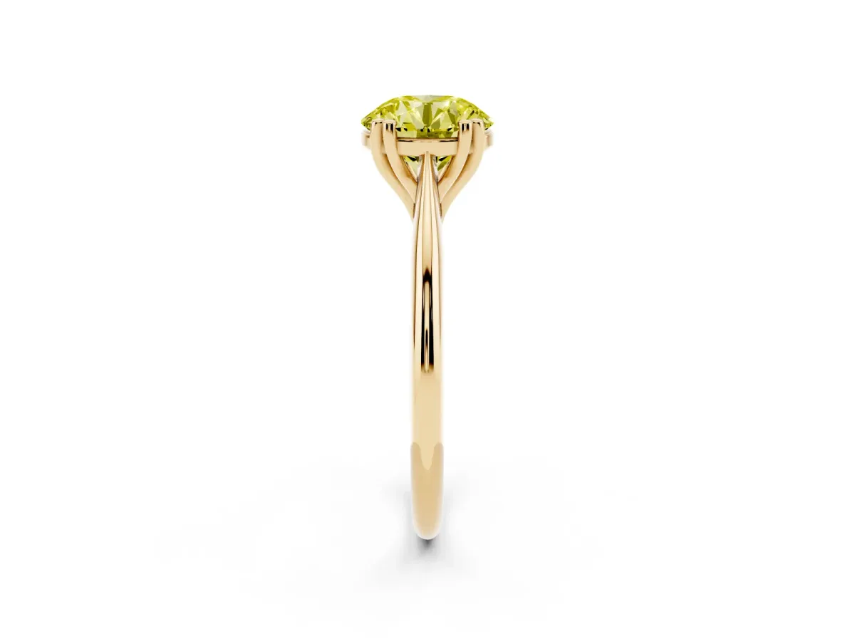 Fancy Yellow Round Cut Solitaire Diamond Ring with Six-Prong Setting and Classic Band Yellow gold