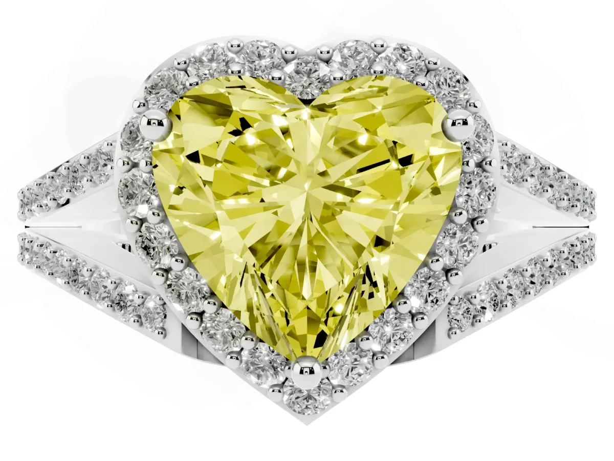Fancy Yellow Heart Cut Halo Split Shank Diamond Ring with Prong Setting Silver