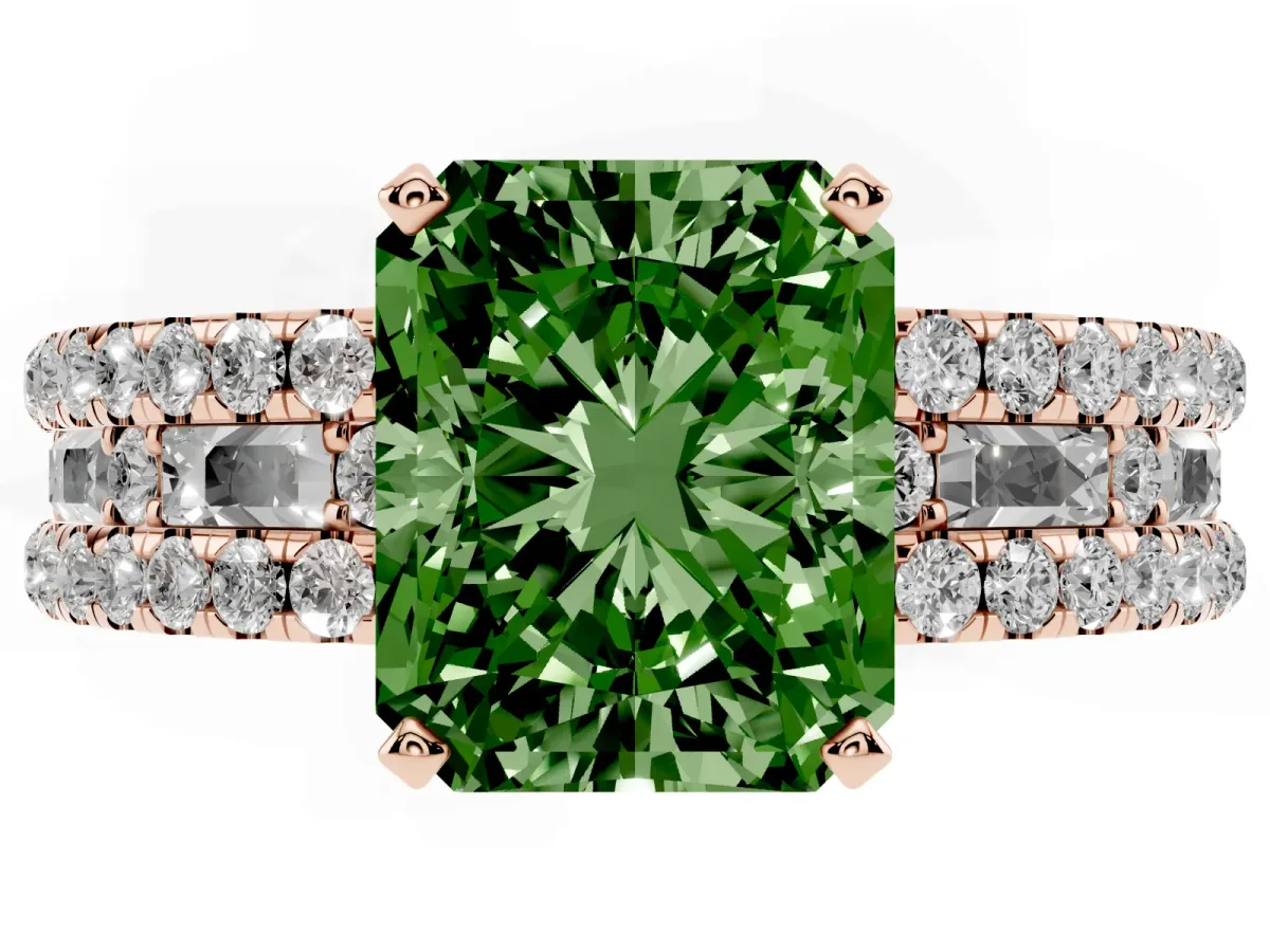 Fancy Green Radiant Cut Diamond Solitaire Ring with Pavé and Channel Set Band Rose gold