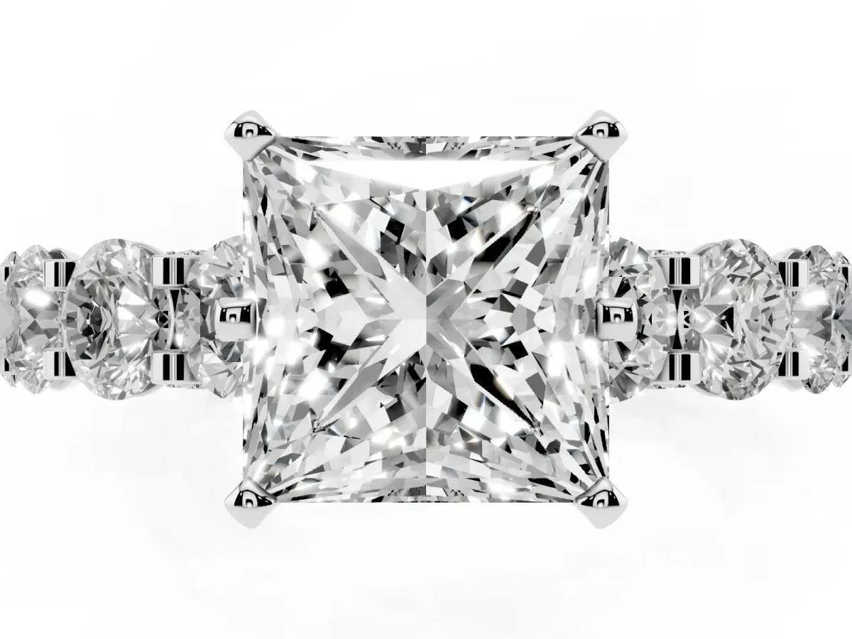 Princess Cut Diamond Side Stone Engagement Ring with Four-Prong Setting Silver