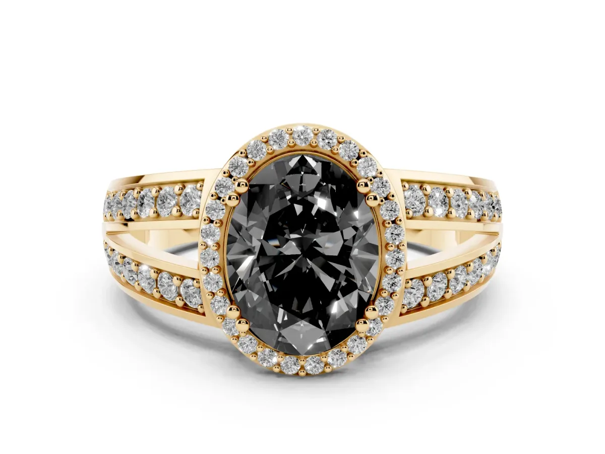 Fancy Black Oval Cut Diamond Halo Ring with Split Shank Pavé Band and Four-Prong Setting Yellow gold