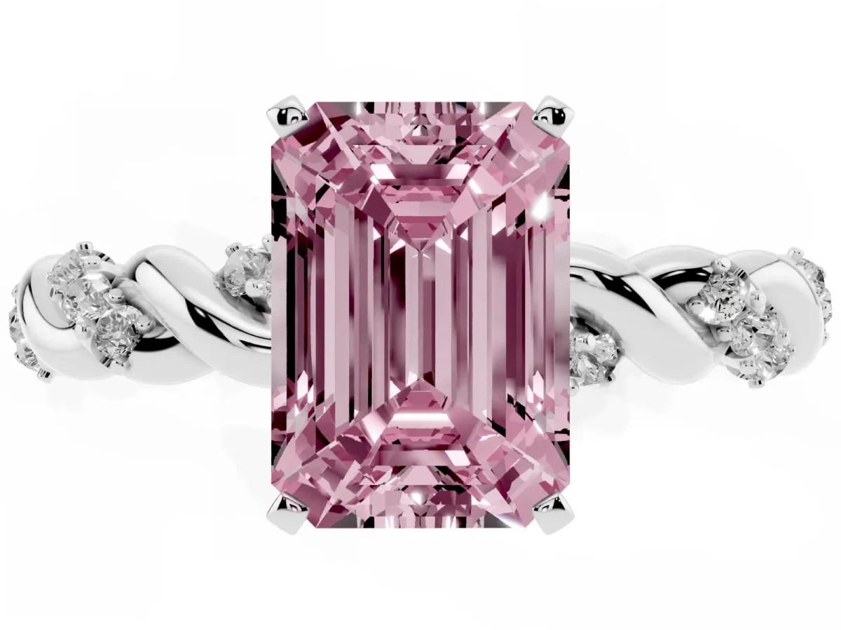 Fancy Pink Emerald Cut Diamond Solitaire Ring with Twisted Band and Pavé Accents Platinum