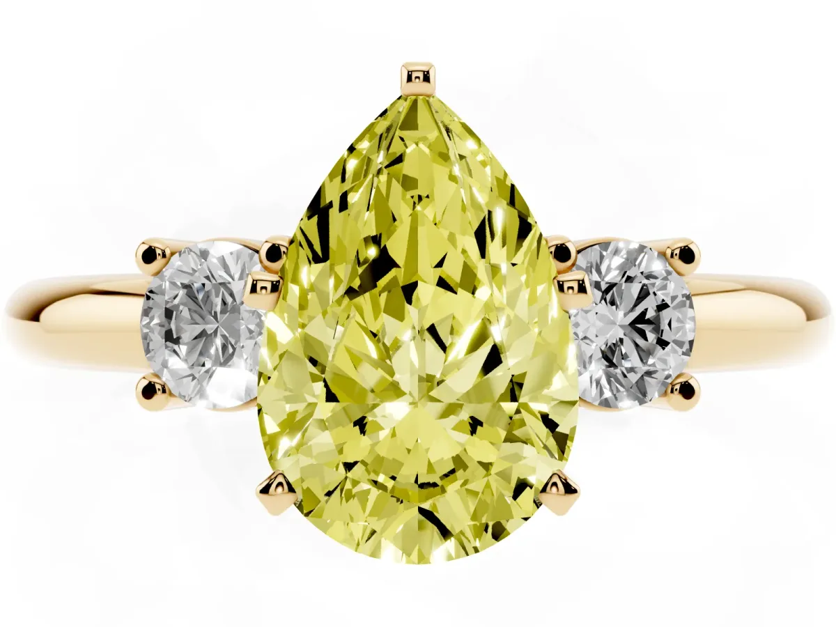 Fancy Yellow Three-Stone Pear Cut Cut Diamond Solitaire with Prong Setting and Classic Band Yellow gold