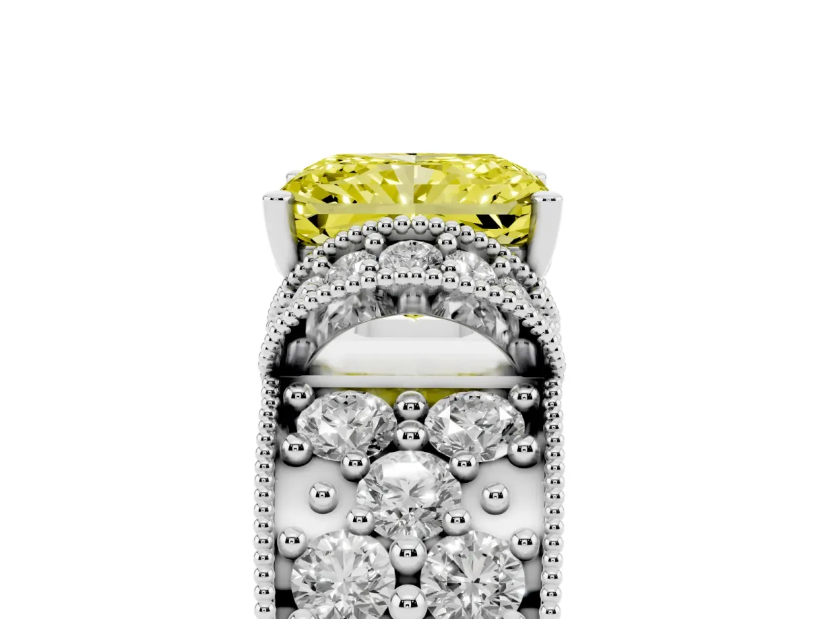 Fancy Yellow Radiant Cut Halo Pave Diamond Engagement Ring with Milgrain Detailing White gold