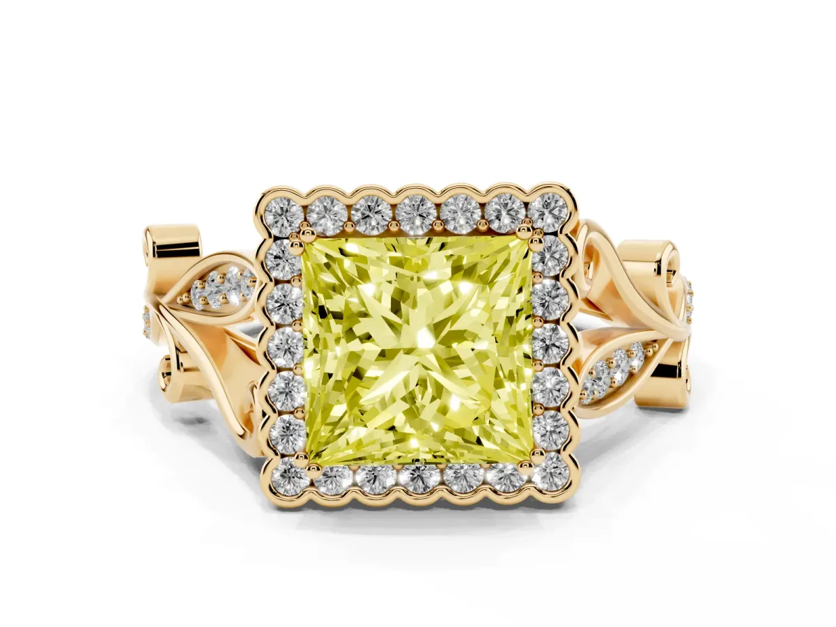 Fancy Yellow Princess Cut Diamond Halo Ring with Vintage Split Shank and Four-Prong Setting Yellow gold