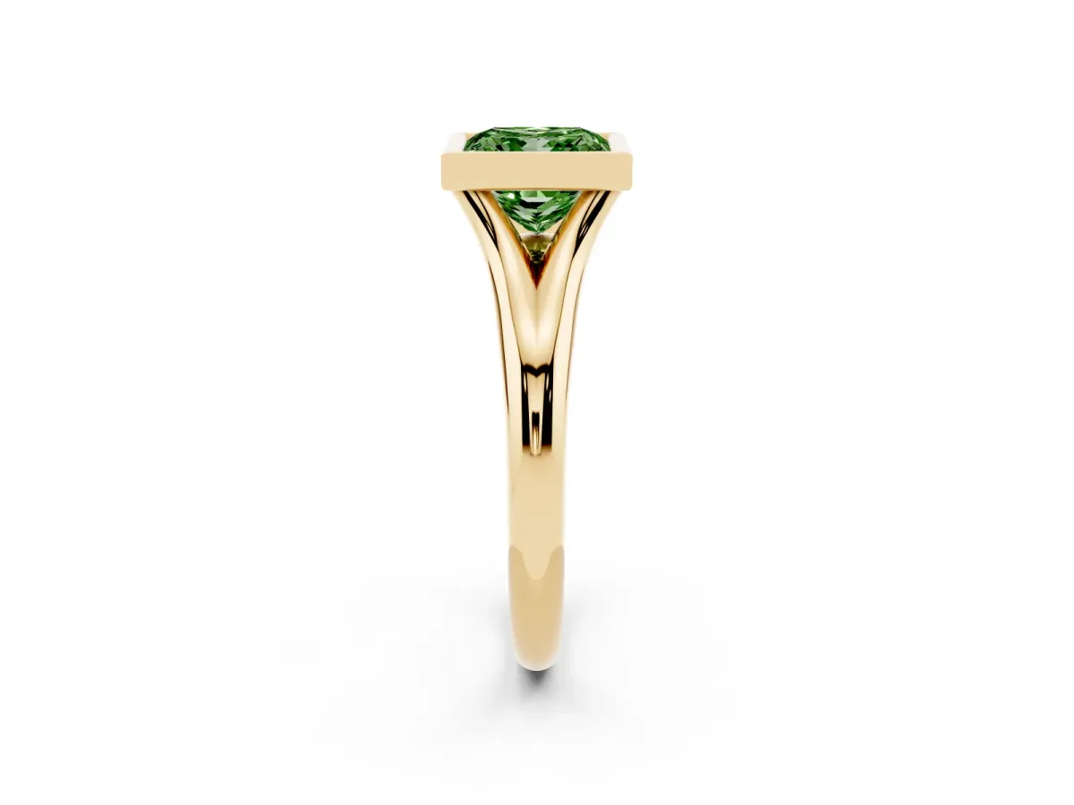 Fancy Green Bezel Set Princess Cut Solitaire Diamond Ring with Smooth Band Yellow gold