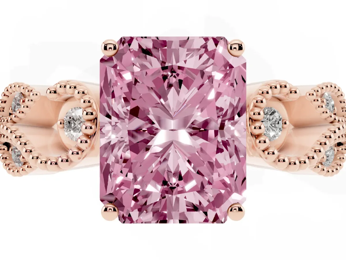 Fancy Pink Princess Cut Solitaire Milgrain Leaf Band with Prong Setting Rose gold