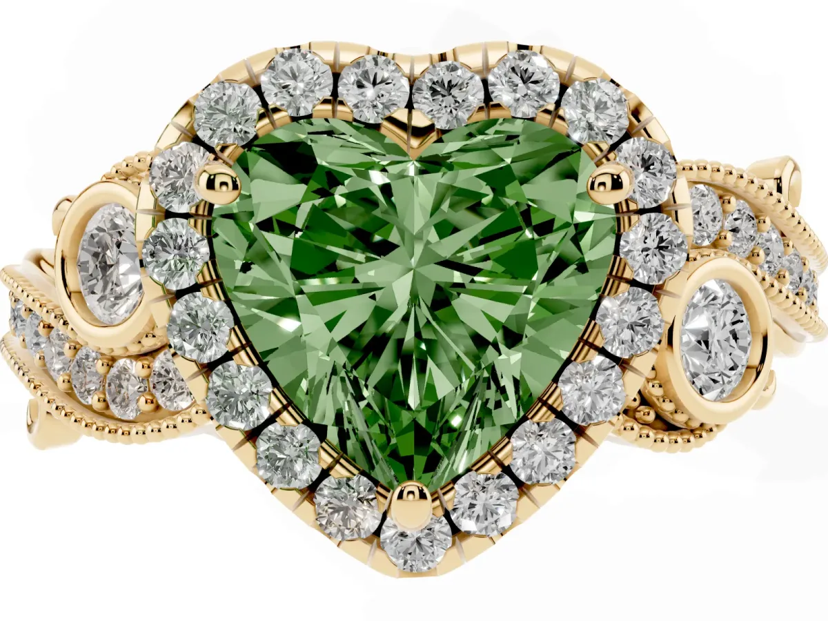 Fancy Green Heart Cut Diamond Halo Ring with Milgrain Pavé Band and Four-Prong Setting Yellow gold