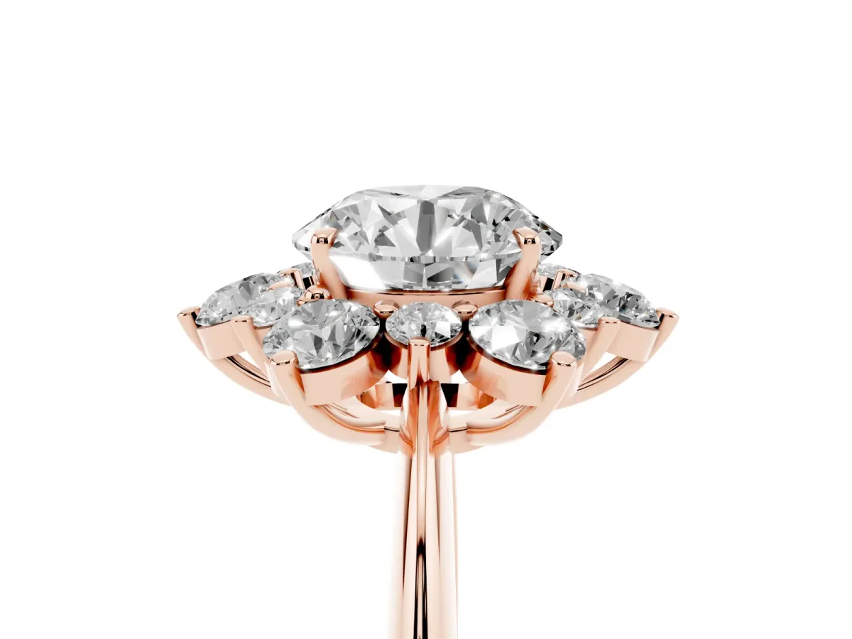 Round Cut Diamond Cluster Halo Ring with Solitaire Band and Four-Prong Setting Rose gold