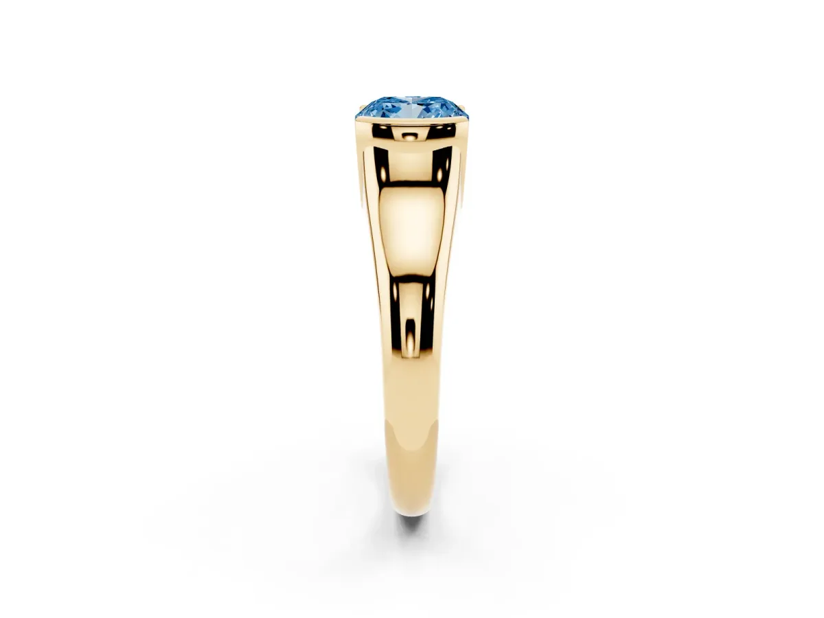 Fancy Blue Cushion Cut Solitaire Tension Set Diamond Ring with Split Shank Band Yellow gold