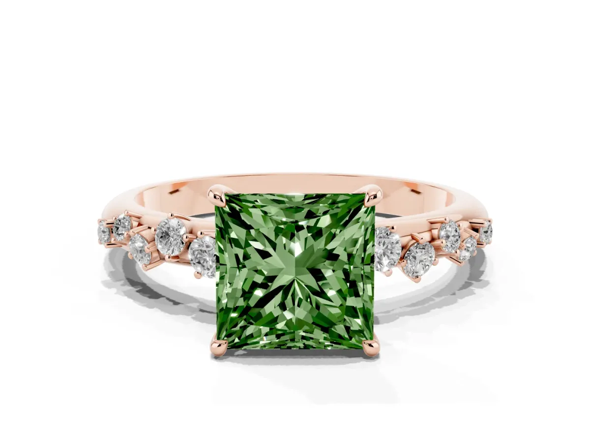 Fancy Green Princess Cut Diamond Cluster Prong-Set Solitaire Ring Rose gold