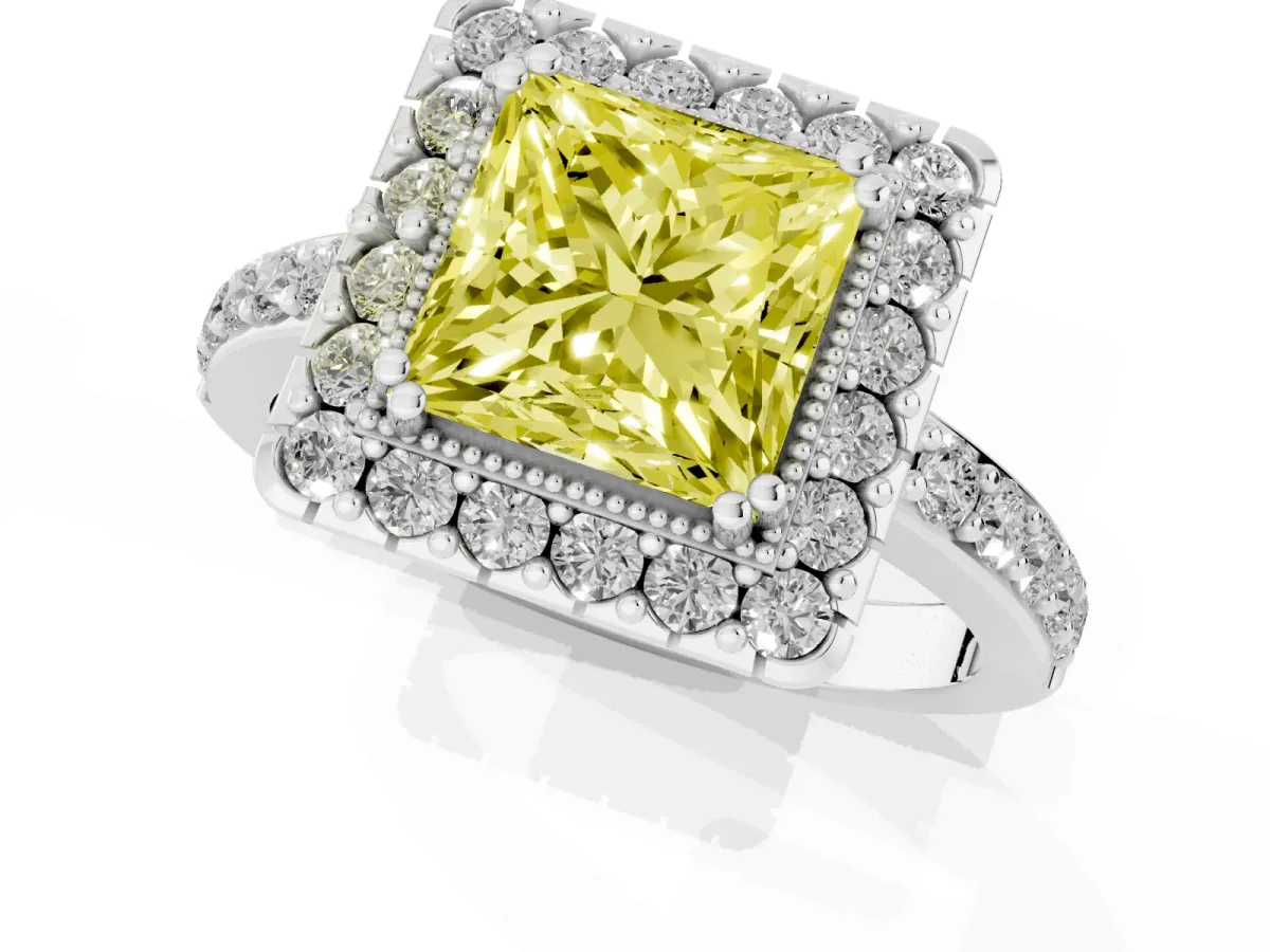 Fancy Yellow Princess Cut Diamond Halo Ring with Pavé Band and Prong Setting Silver