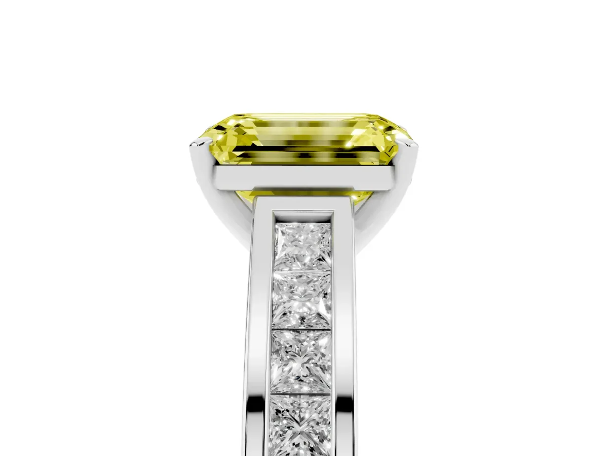 Fancy Yellow Emerald Cut Solitaire Diamond Ring with Channel-Set Band and Four-Prong Setting Silver