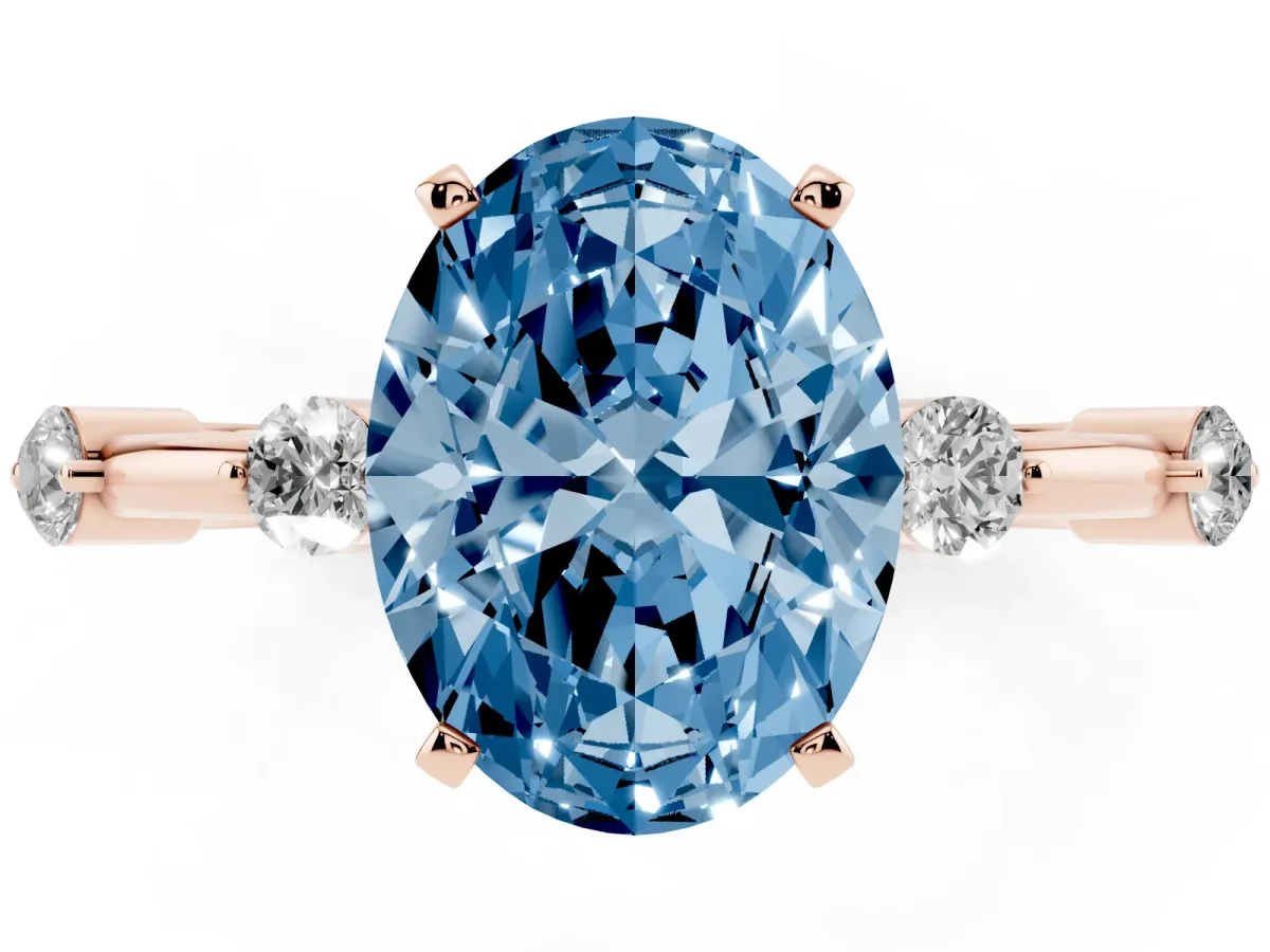 Fancy Blue Oval Cut Solitaire Diamond Ring with Bezel Set Side Stones and Prong Setting Rose gold