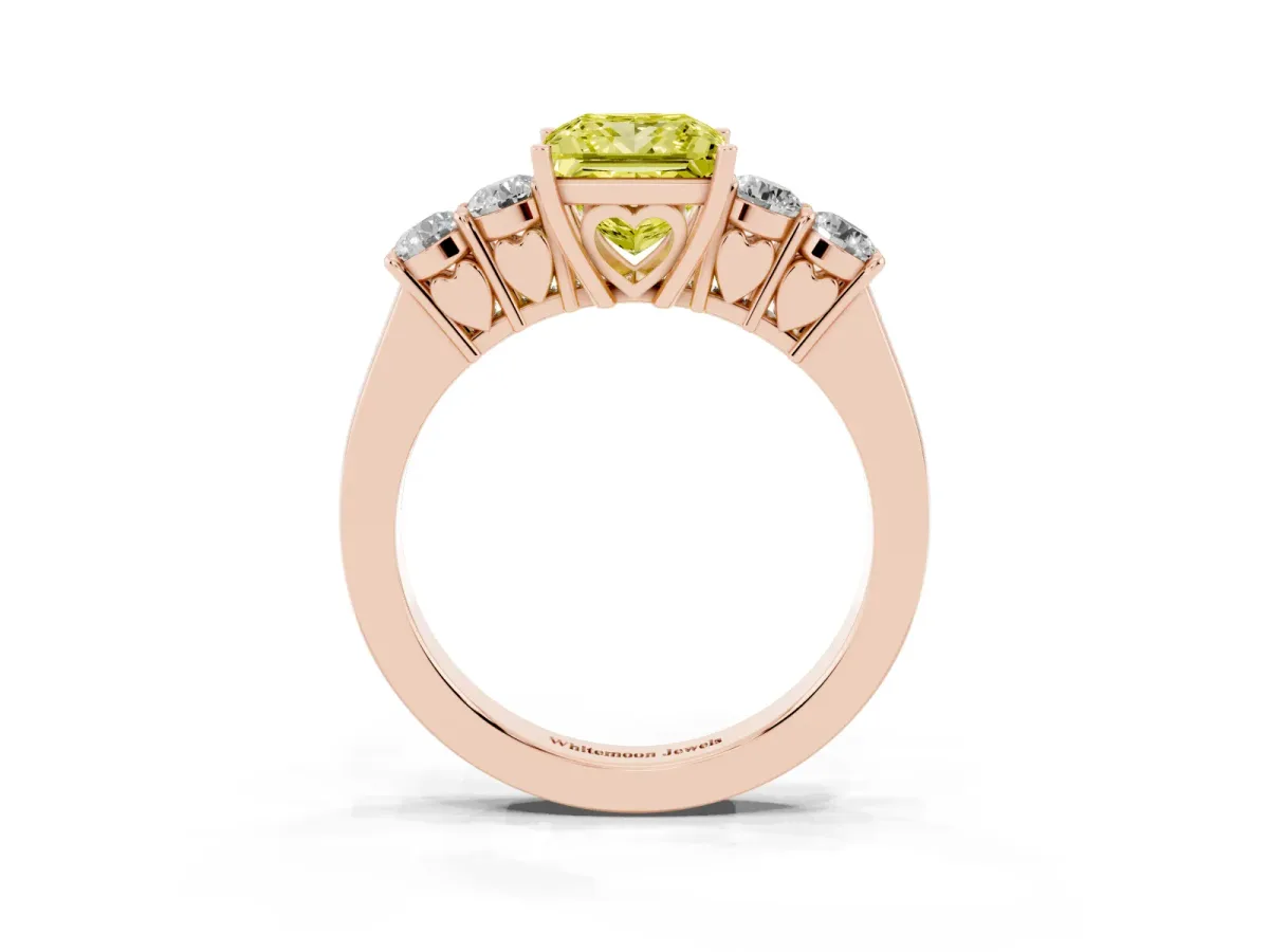 Fancy Yellow Princess Cut Cut Diamond Five-Stone Prong Set White Gold Ring Rose gold