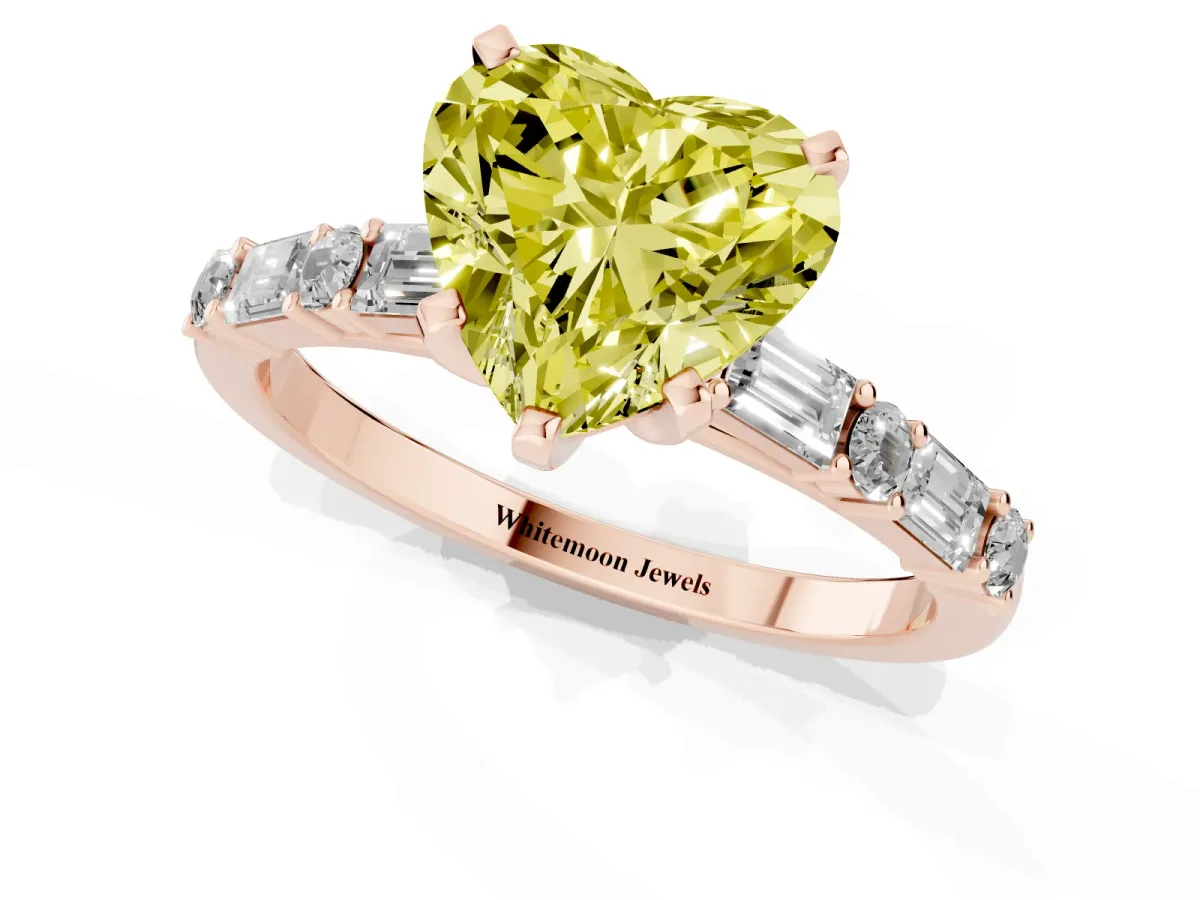 Fancy Yellow Heart Cut Diamond Solitaire with Side Baguettes and Channel Set Band Rose gold