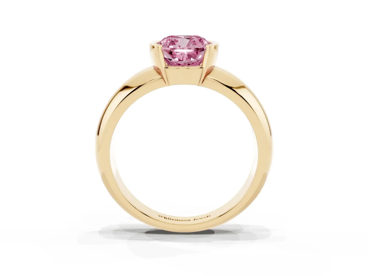Fancy Pink Cushion Cut Solitaire Tension Set Diamond Ring with Wide Band Yellow gold