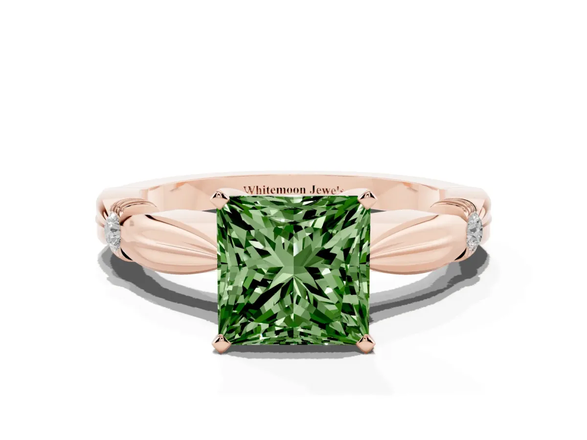 Fancy Green Princess Cut Solitaire Diamond Twisted Band with Four-Prong Setting Rose gold