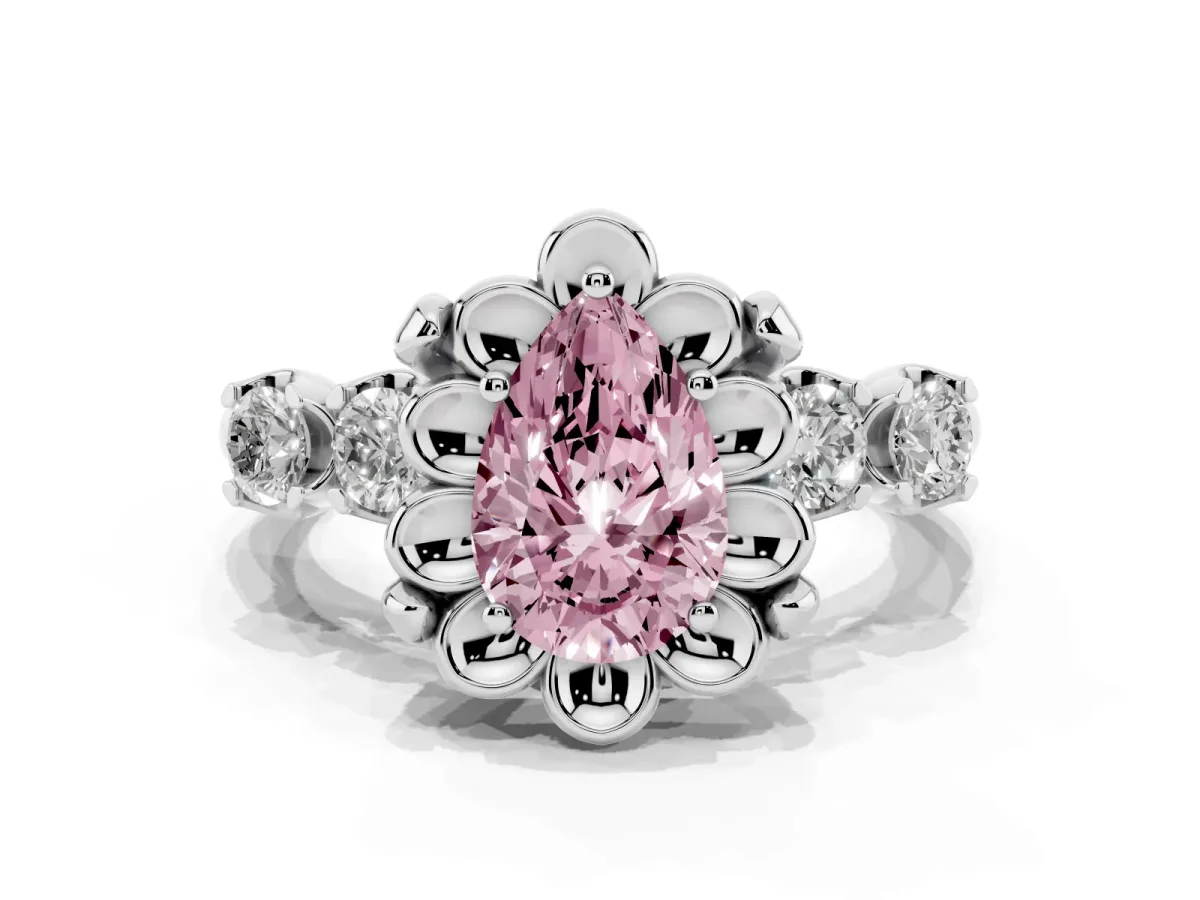 Fancy Pink Pear Cut Cut Diamond Floral Halo Engagement Ring with Shared Prong Setting Silver