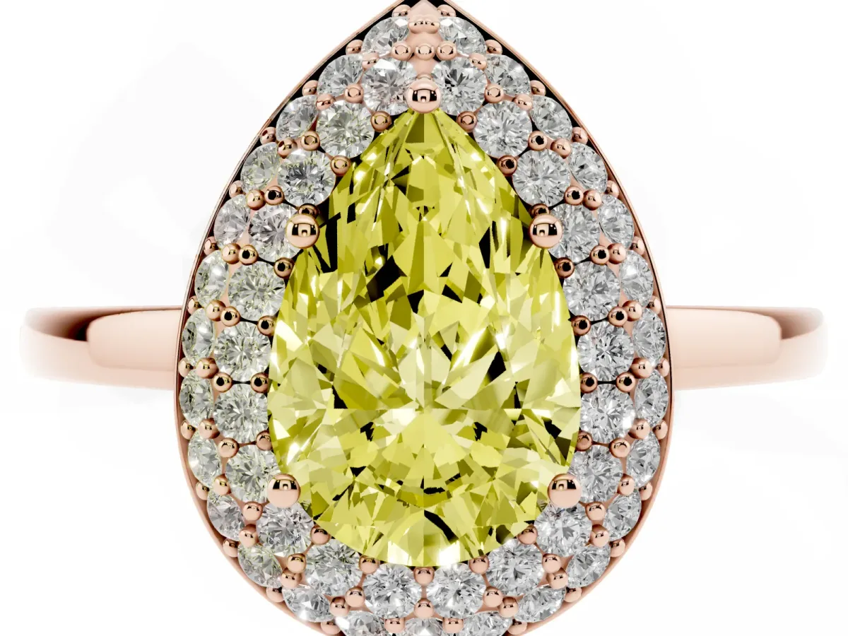 Fancy Yellow Pear Cut Halo Diamond Engagement Ring with Solitaire Band and Four-Prong Setting Rose gold