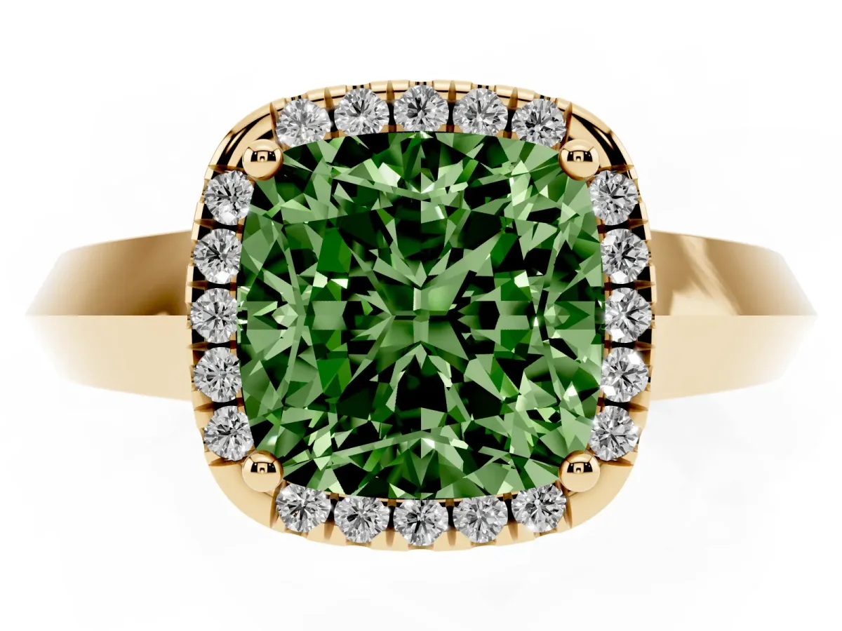 Fancy Green Cushion Cut Halo Diamond Ring with Cathedral Band and Four-Prong Setting Yellow gold