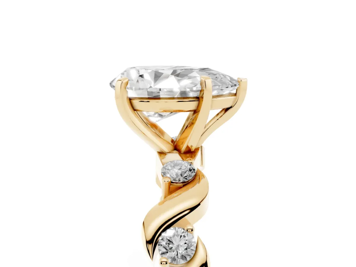 Pear Cut Diamond Solitaire Twisted Band with Round Accents and Prong Setting Yellow gold