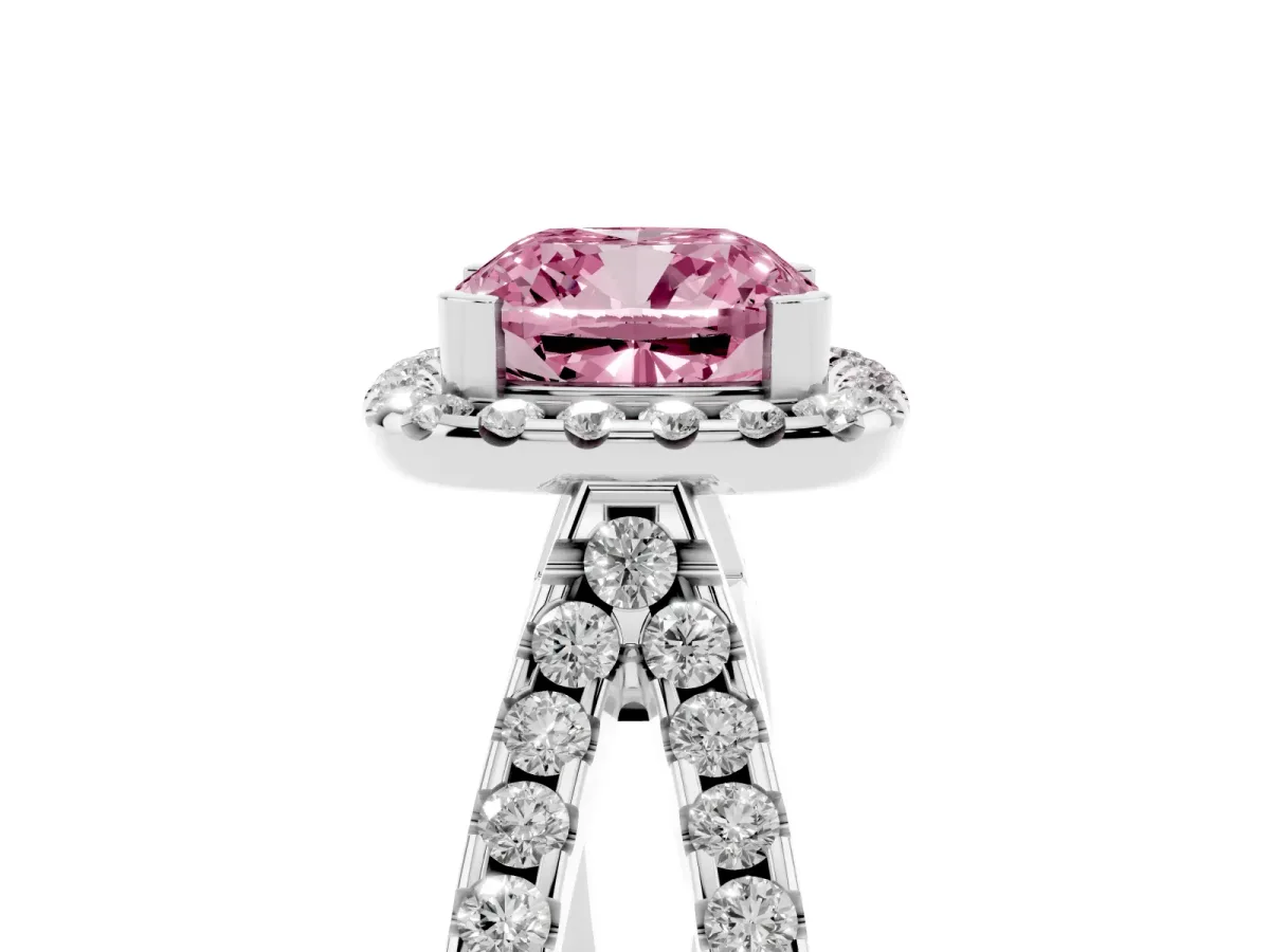 Fancy Pink Cushion Cut Diamond Halo Ring with Split Shank Pavé Band and Prong Setting Platinum