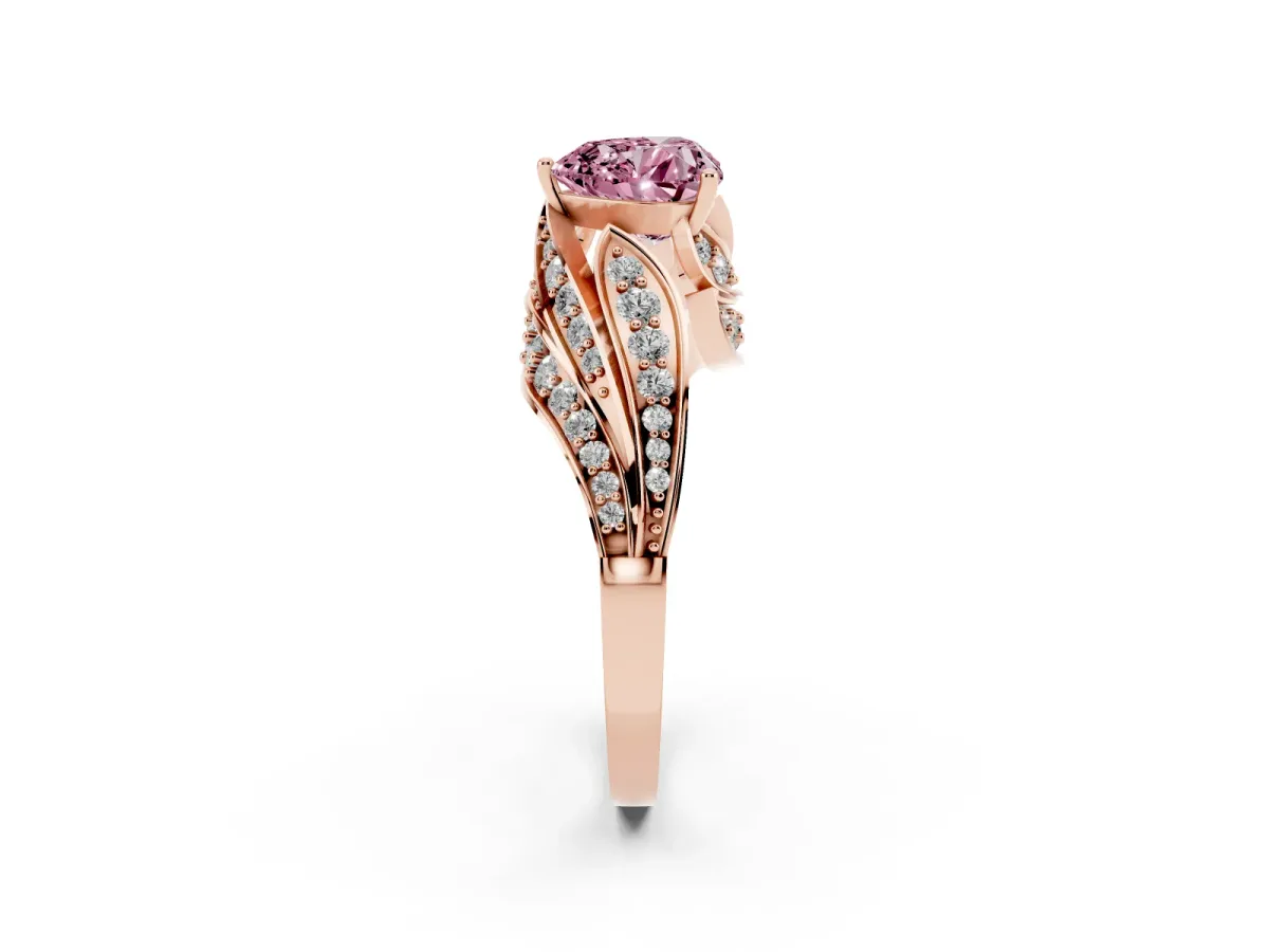 Fancy Pink Heart Cut Diamond Solitaire Ring with Prong Setting and Twisted Pavé Band Rose gold