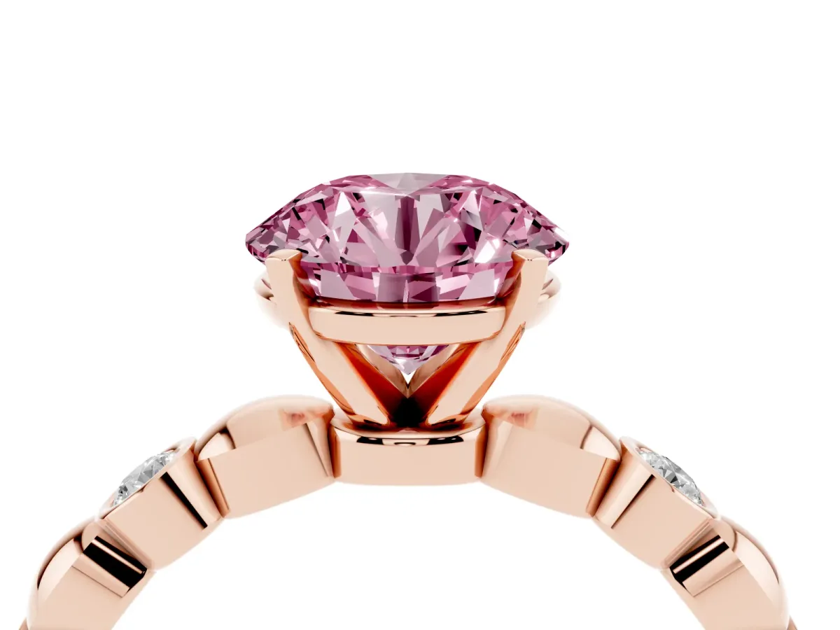 Fancy Pink Round Cut Solitaire Bezel-Set Diamond Ring with Beaded Band and Four-Prong Setting Rose gold