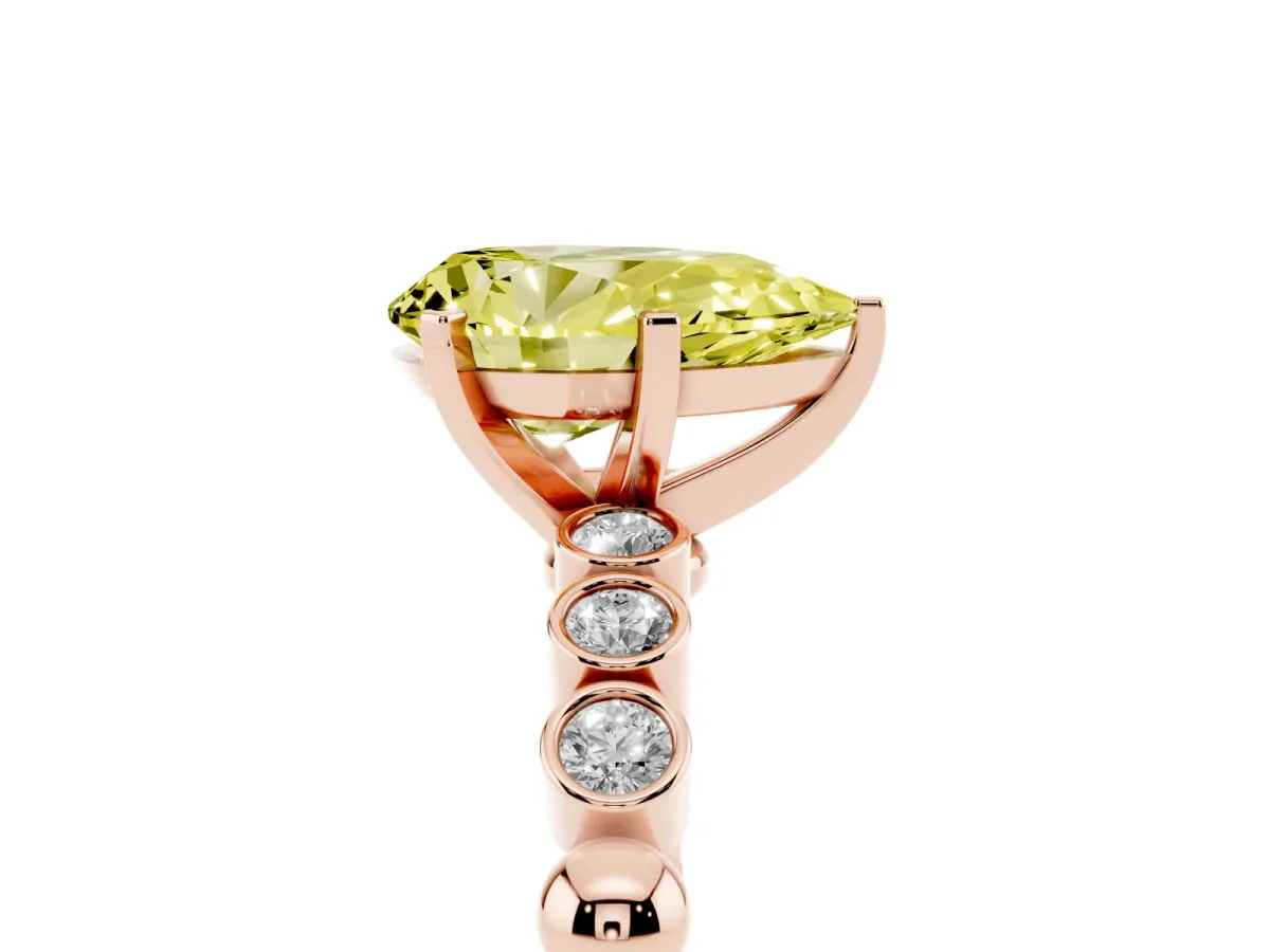 Fancy Yellow Pear Cut Solitaire Bezel Accent Diamond Engagement Ring with Beaded Band and Four-Prong Setting Rose gold