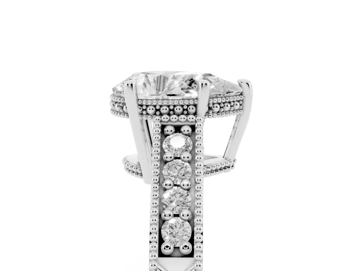 Pear Cut Solitaire Pavé Diamond Milgrain Engagement Ring with Four-Prong Setting Silver