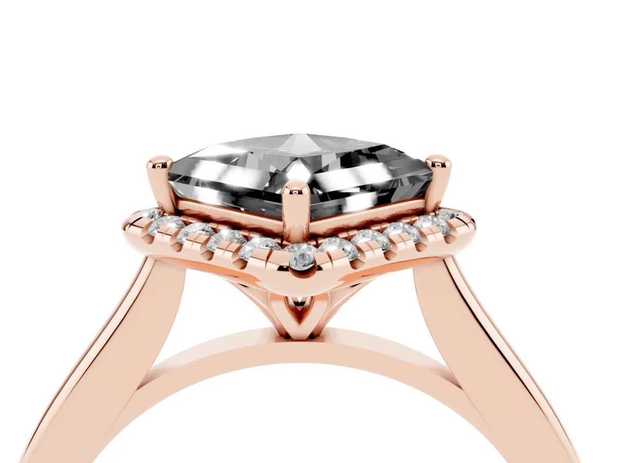 Fancy Black Princess Cut Halo Round Diamond Solitaire Engagement Ring with Pave Band and Four-Prong Setting Rose gold