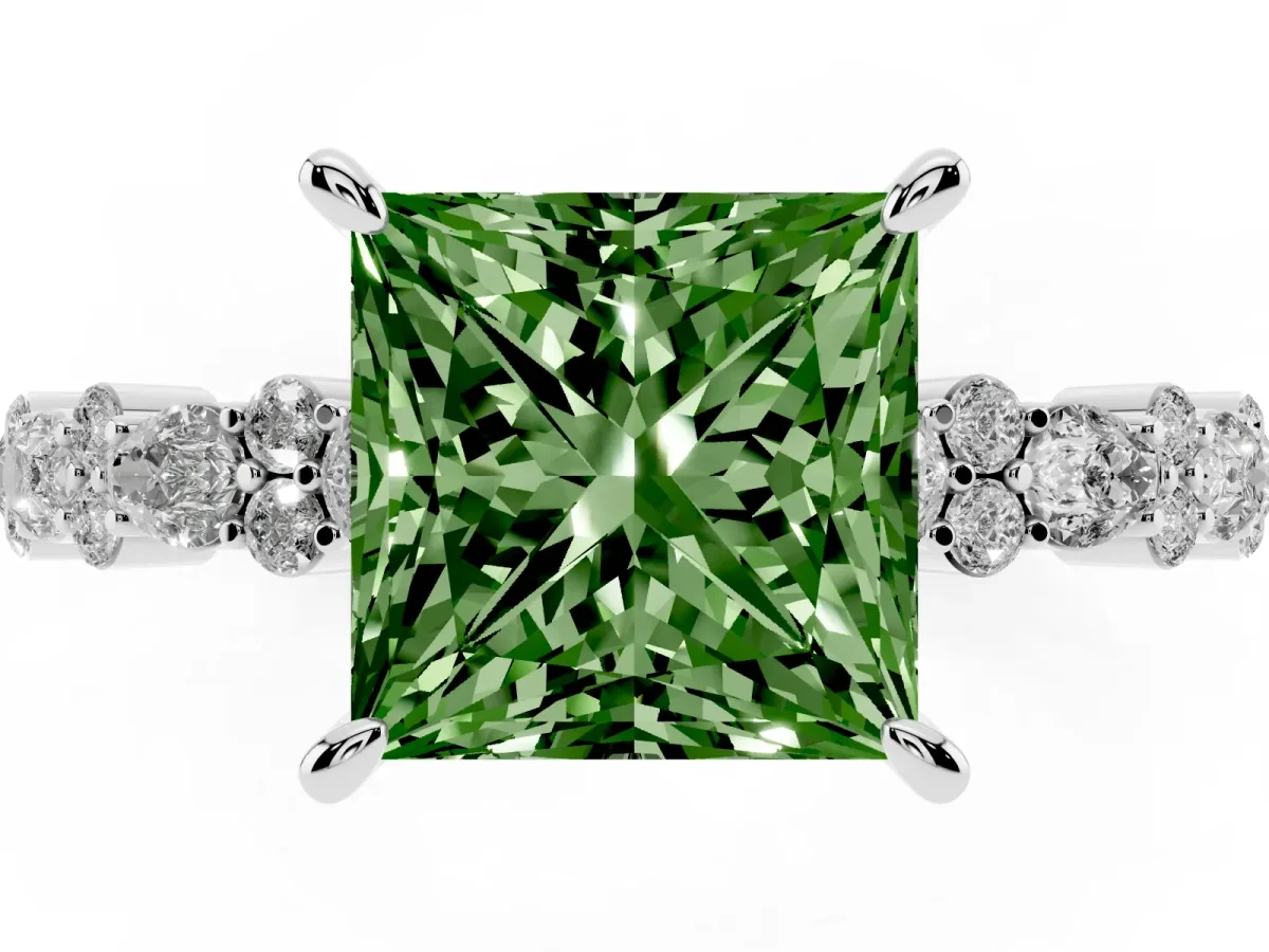 Fancy Green Princess Cut Diamond Side Stone Solitaire Ring with Round and Four-Prong Setting Silver