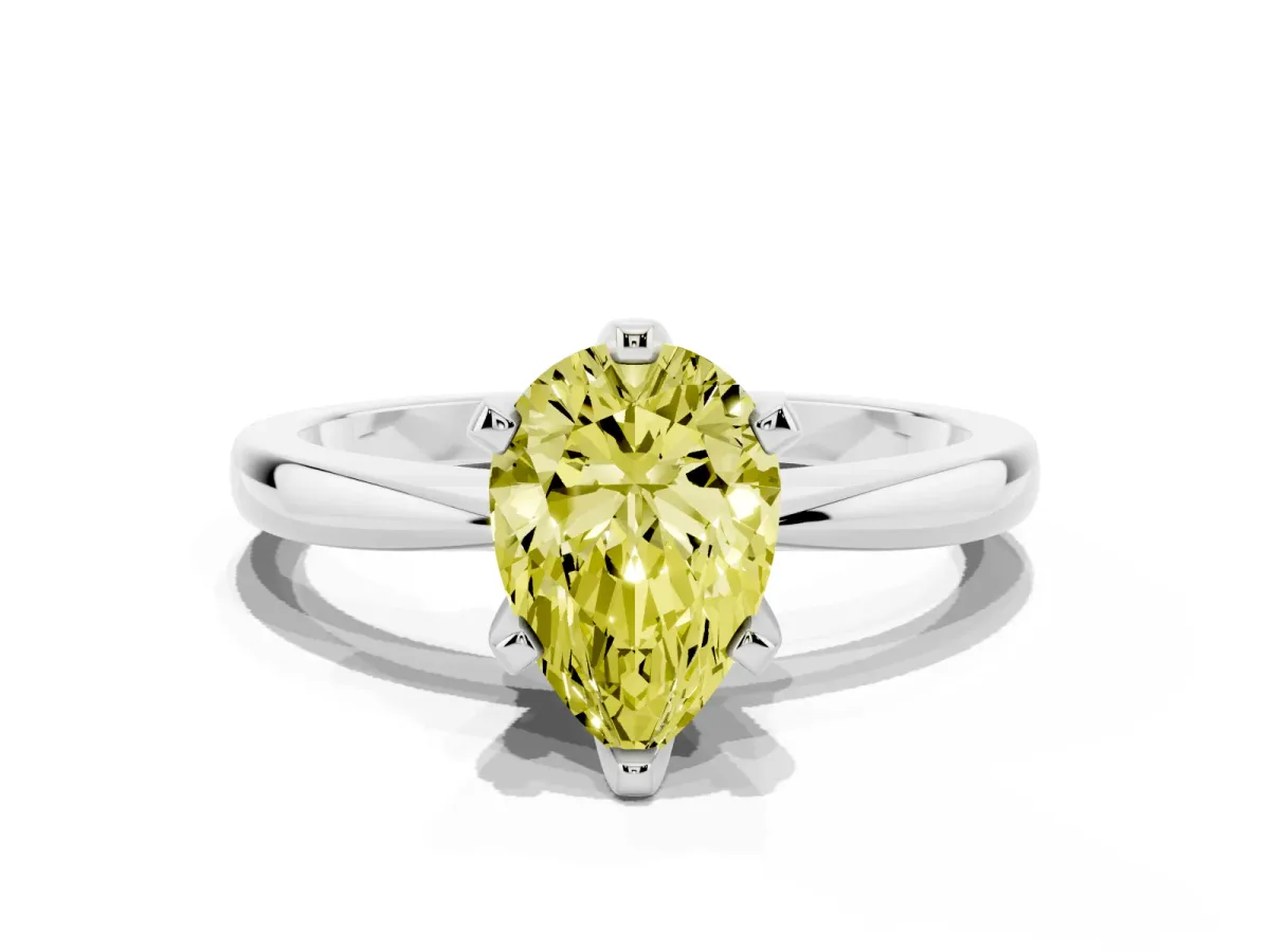 Fancy Yellow Pear Cut Solitaire Engagement Ring with Six-Prong Setting and Tapered Band Silver