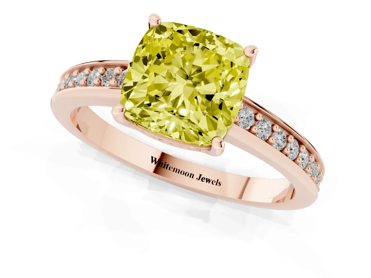 Fancy Yellow Cushion Cut Solitaire Pavé Band Prong Setting Ring Rose gold