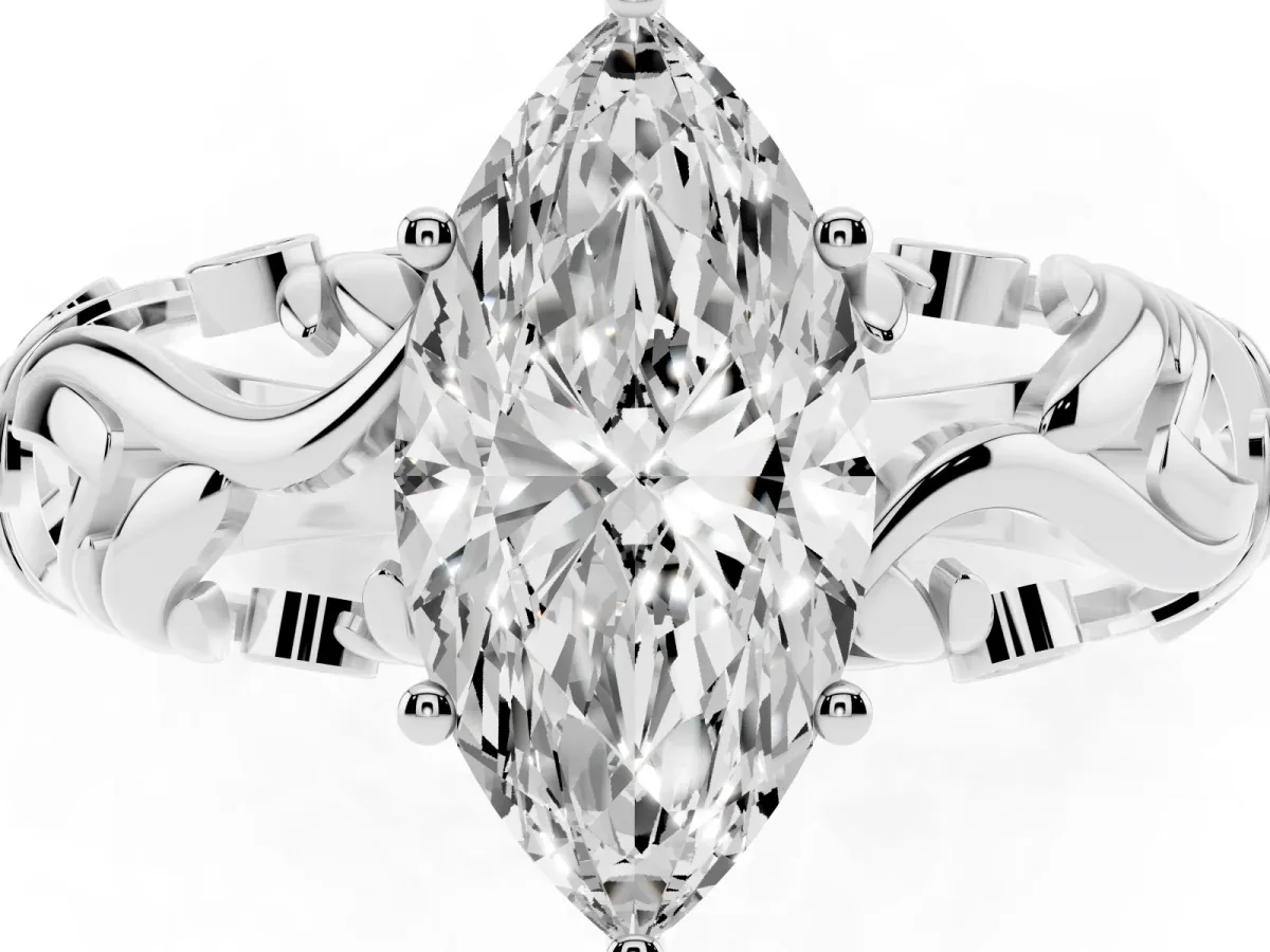 Marquise Cut Solitaire Diamond Leaf-Inspired Vine Band Ring with Prong Setting Silver