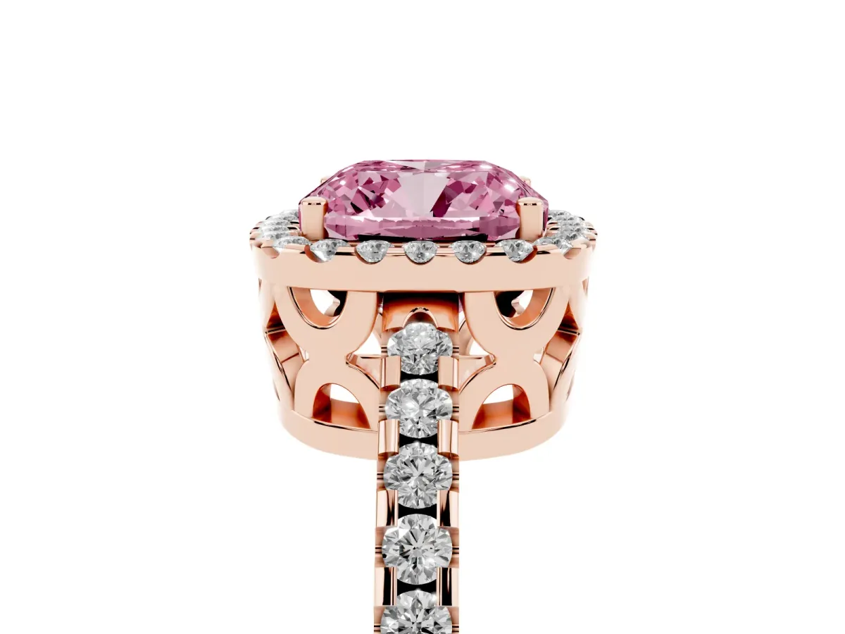 Fancy Pink Cushion Cut Diamond Halo Engagement Ring with Pavé Band and Prong Setting Rose gold