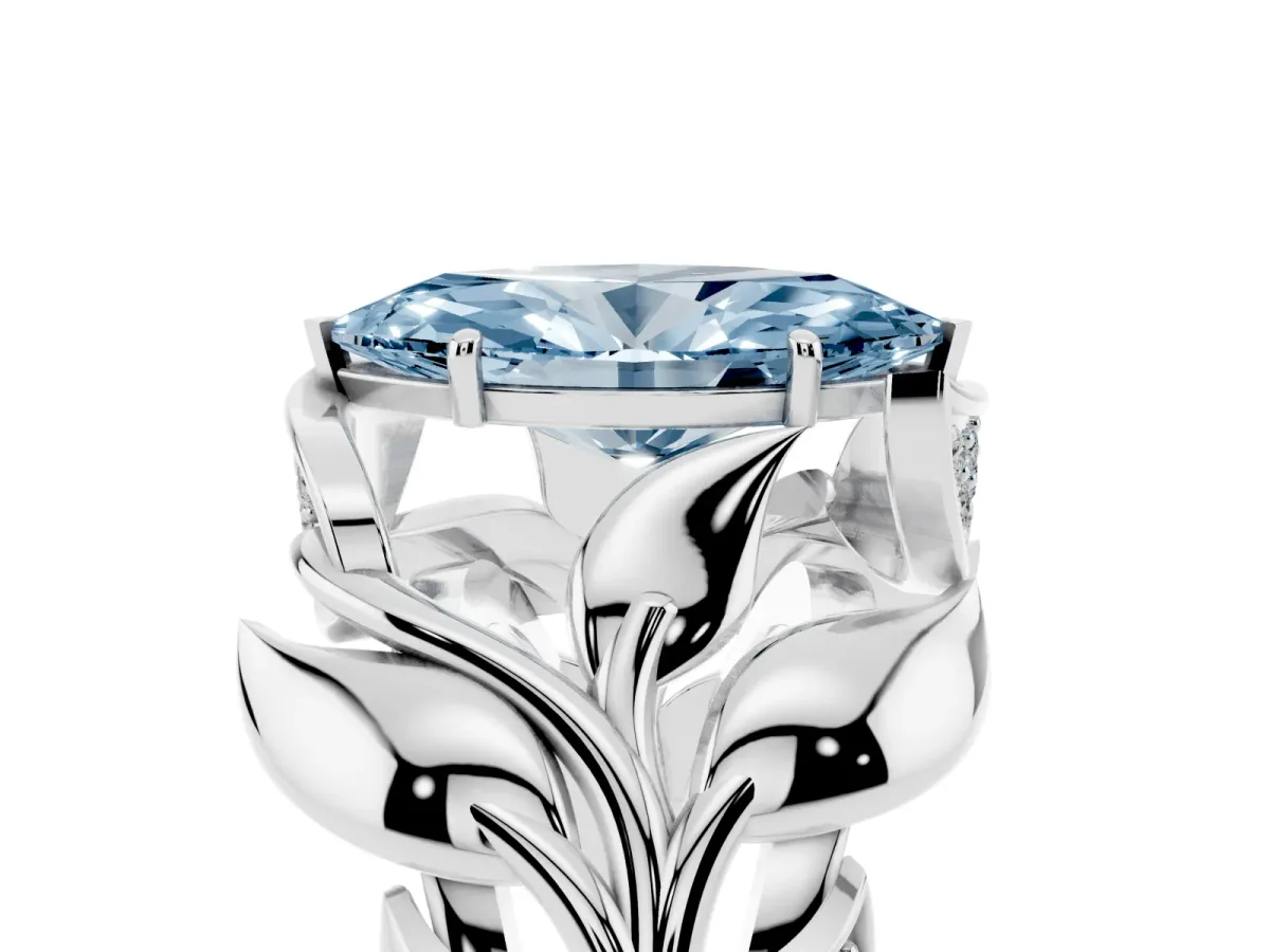 Fancy Blue Marquise Cut Diamond Leaf-Inspired Engagement Ring with Round Accents and Prong Setting Silver