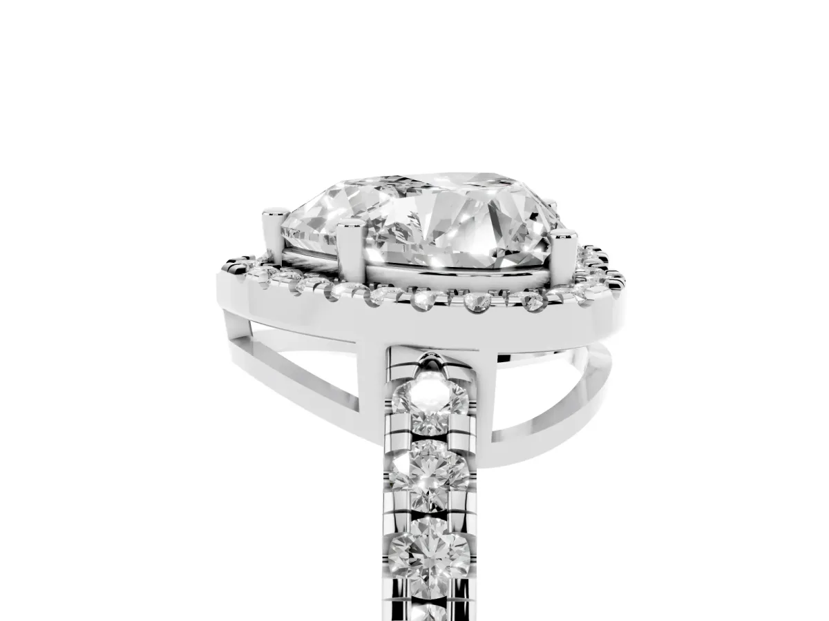 Heart Cut Diamond Halo Ring with Pavé Band and Four-Prong Setting White gold