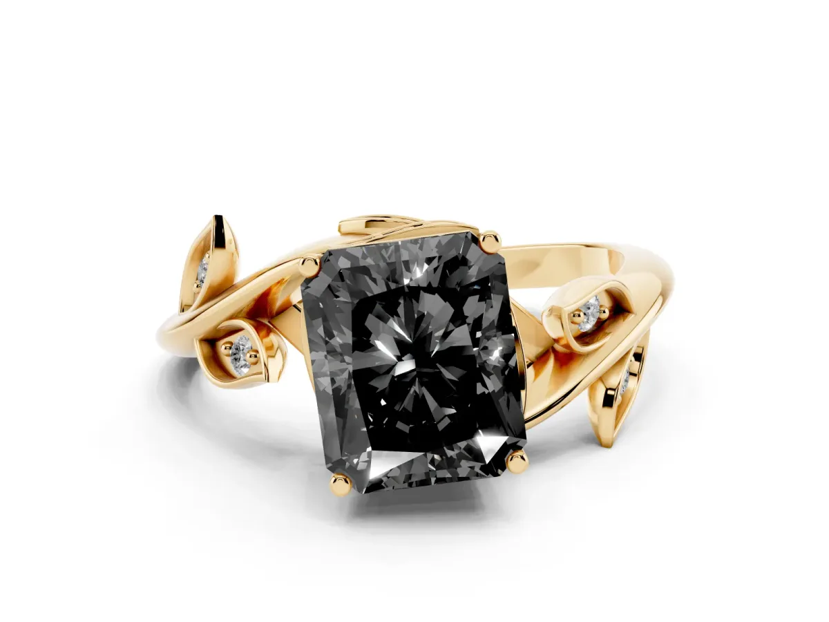 Fancy Black Radiant Cut Solitaire Twist Engagement Ring with Leaf Accents and Prong Setting Yellow gold