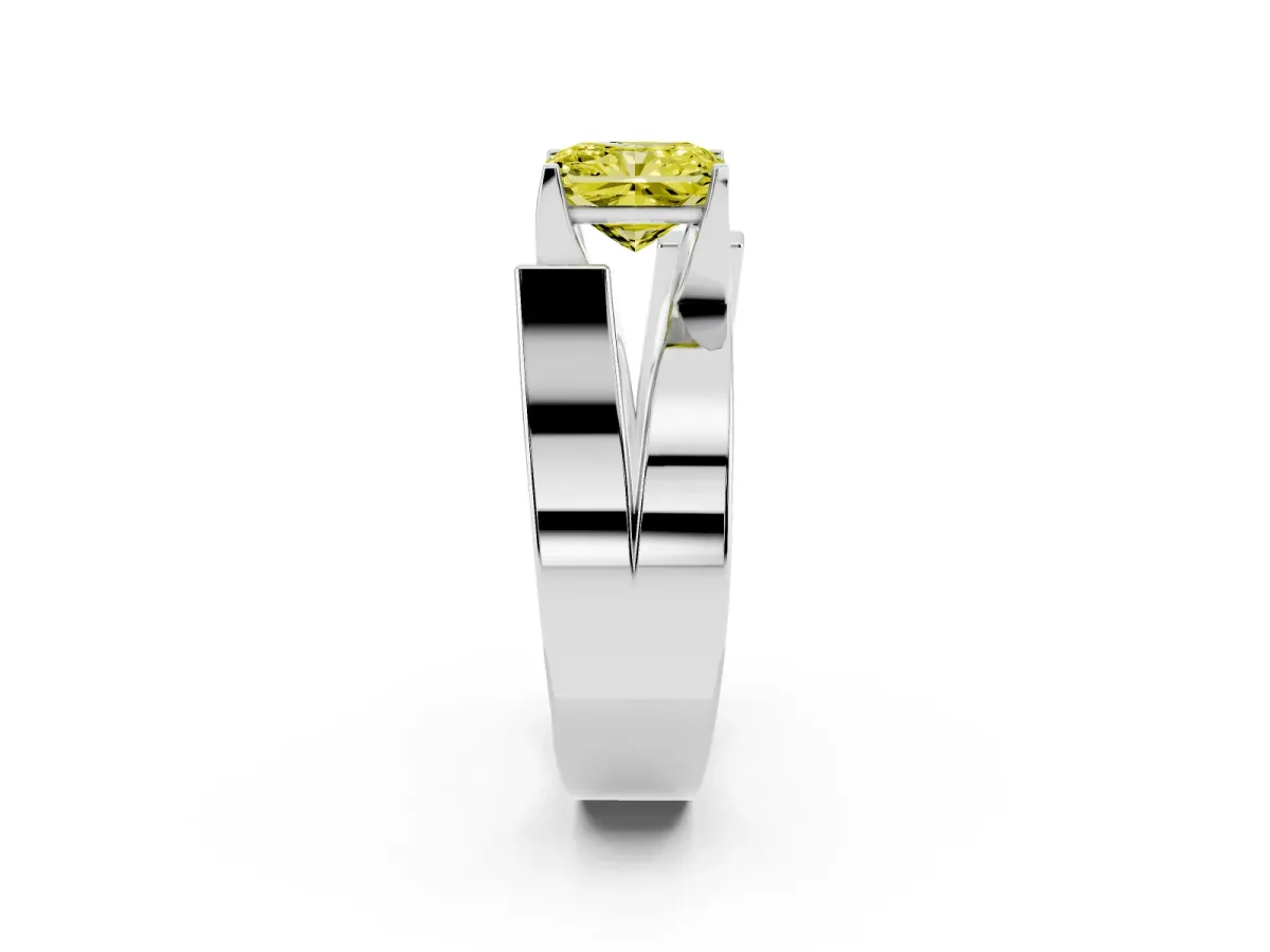 Fancy Yellow Modern Tension Set Radiant Cut Diamond Solitaire Wide Band Ring Silver