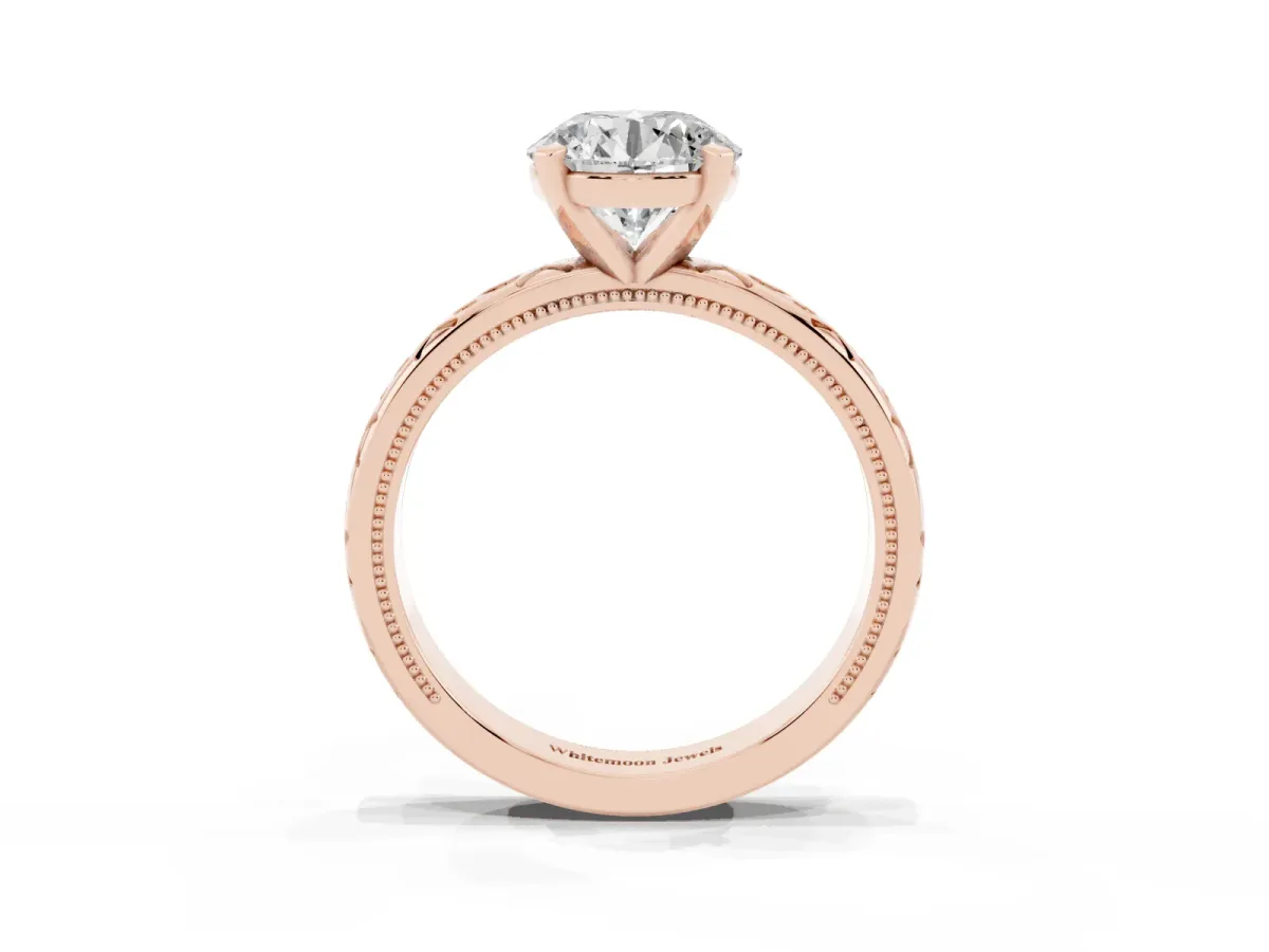 Round Cut Solitaire Engagement Ring with Scrollwork Band and Four-Prong Setting Rose gold