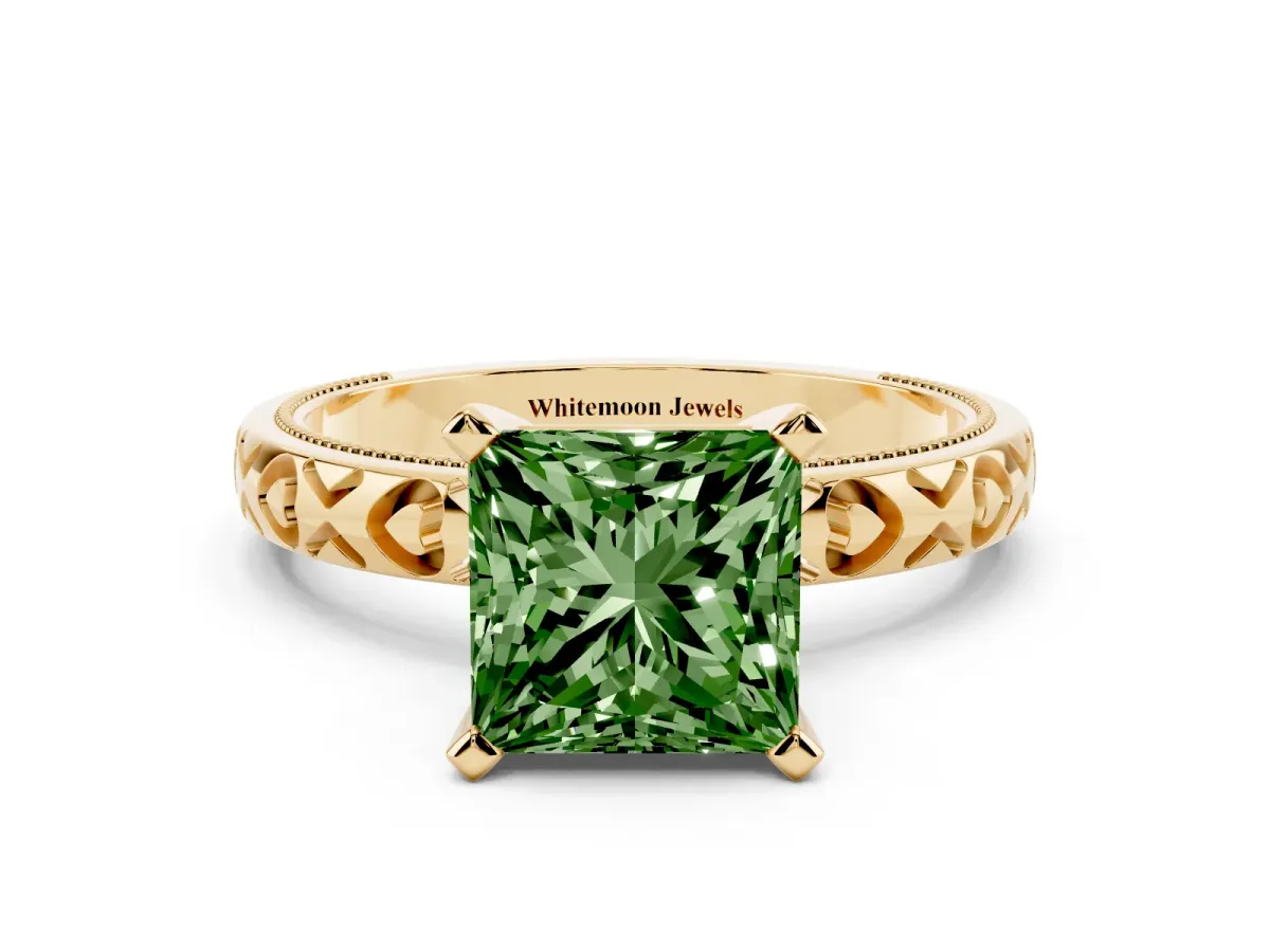 Fancy Green Princess Cut Solitaire Diamond Engagement Ring with XO Engraved Band and Four-Prong Setting Yellow gold