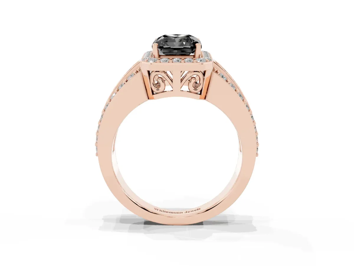 Fancy Black Radiant Cut Halo Diamond Ring with Round Split Shank and Prong Setting Rose gold