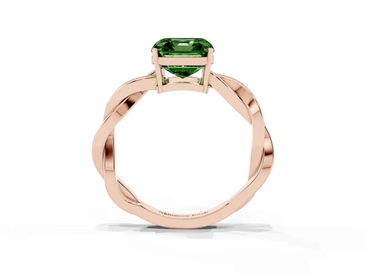 Fancy Green Asscher Cut Solitaire Twisted Pave Diamond Ring with Four-Prong Setting Rose gold