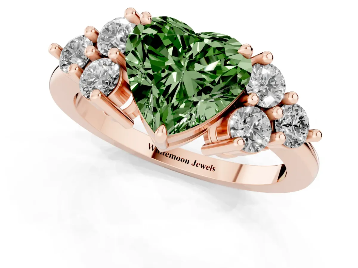 Fancy Green Heart Cut Brilliant Diamond Cluster Accent Solitaire Ring with Prong Setting Rose gold