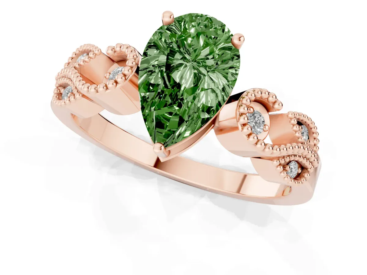 Fancy Green Pear Cut Solitaire Milgrain Leaf Band with Prong Setting Rose gold