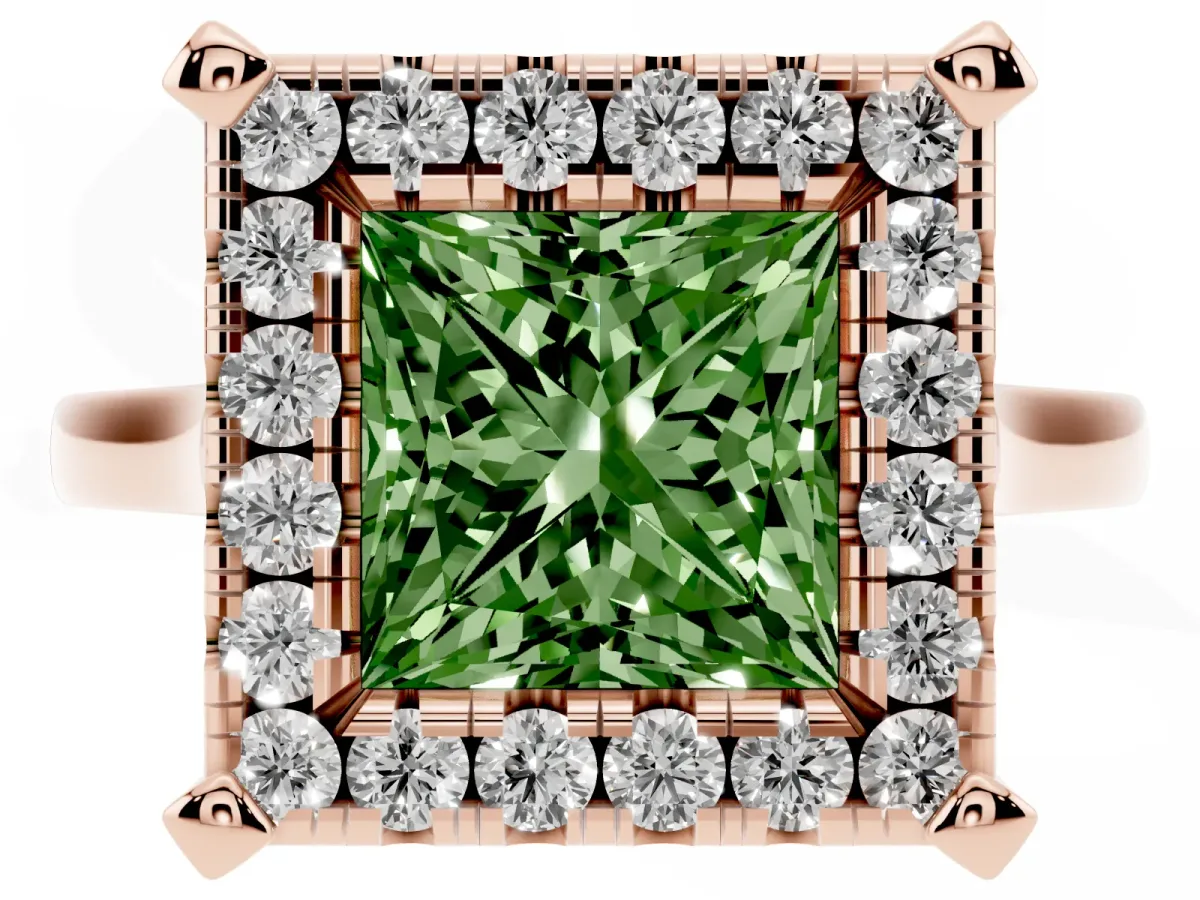 Fancy Green Princess Cut Diamond Cluster Halo Solitaire with Four-Prong Setting Rose gold