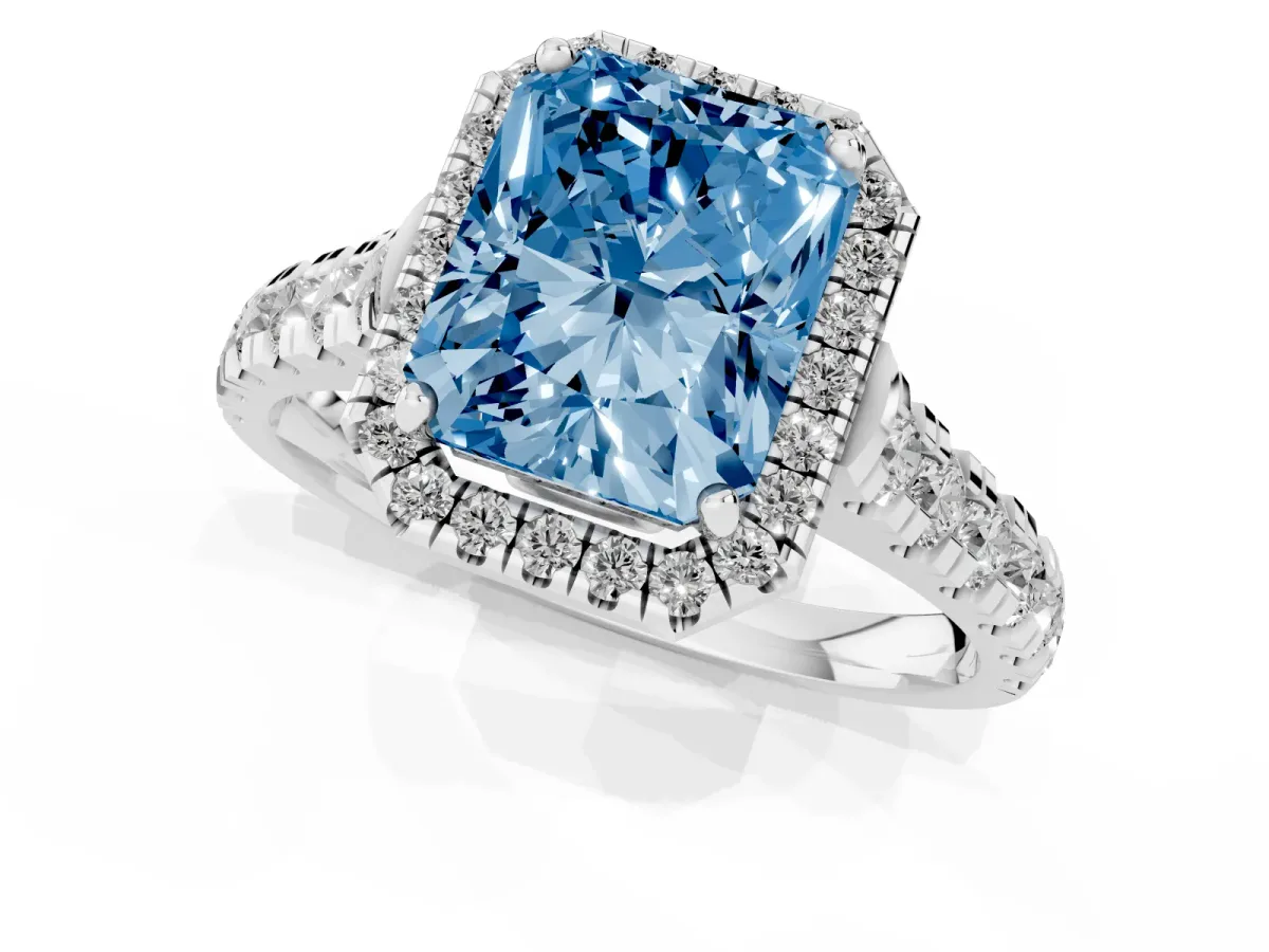 Fancy Blue Radiant Cut Halo Pavé Diamond Engagement Ring with Four-Prong Setting Silver